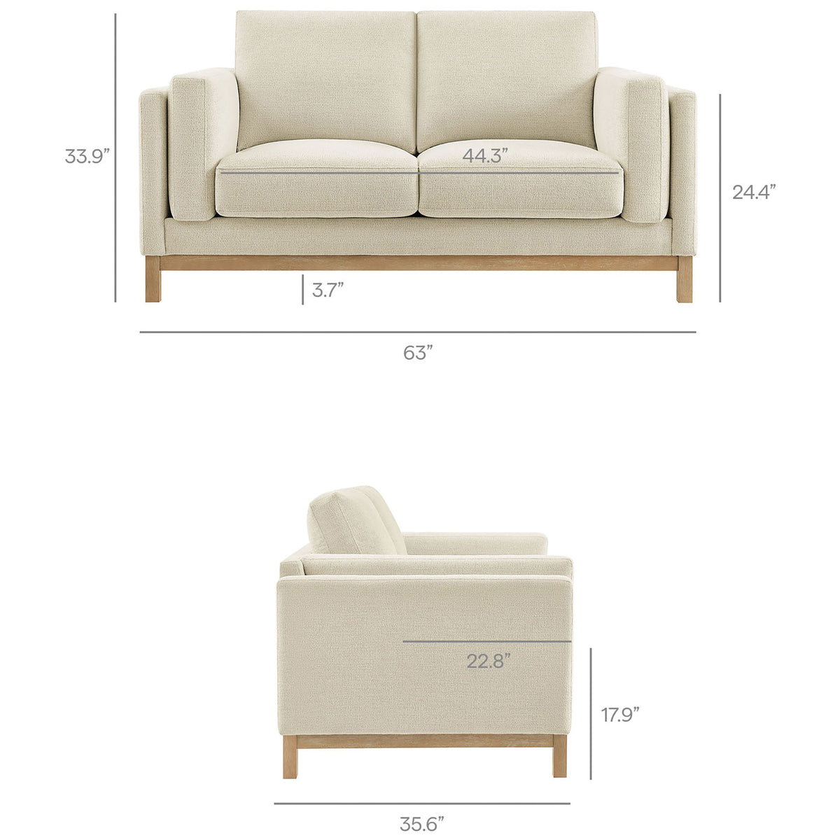 Loveseat dimensions with clearly labeled width, depth, height, seat, arm, and leg measurements. || EEI-7328-IVO || dimension_studio