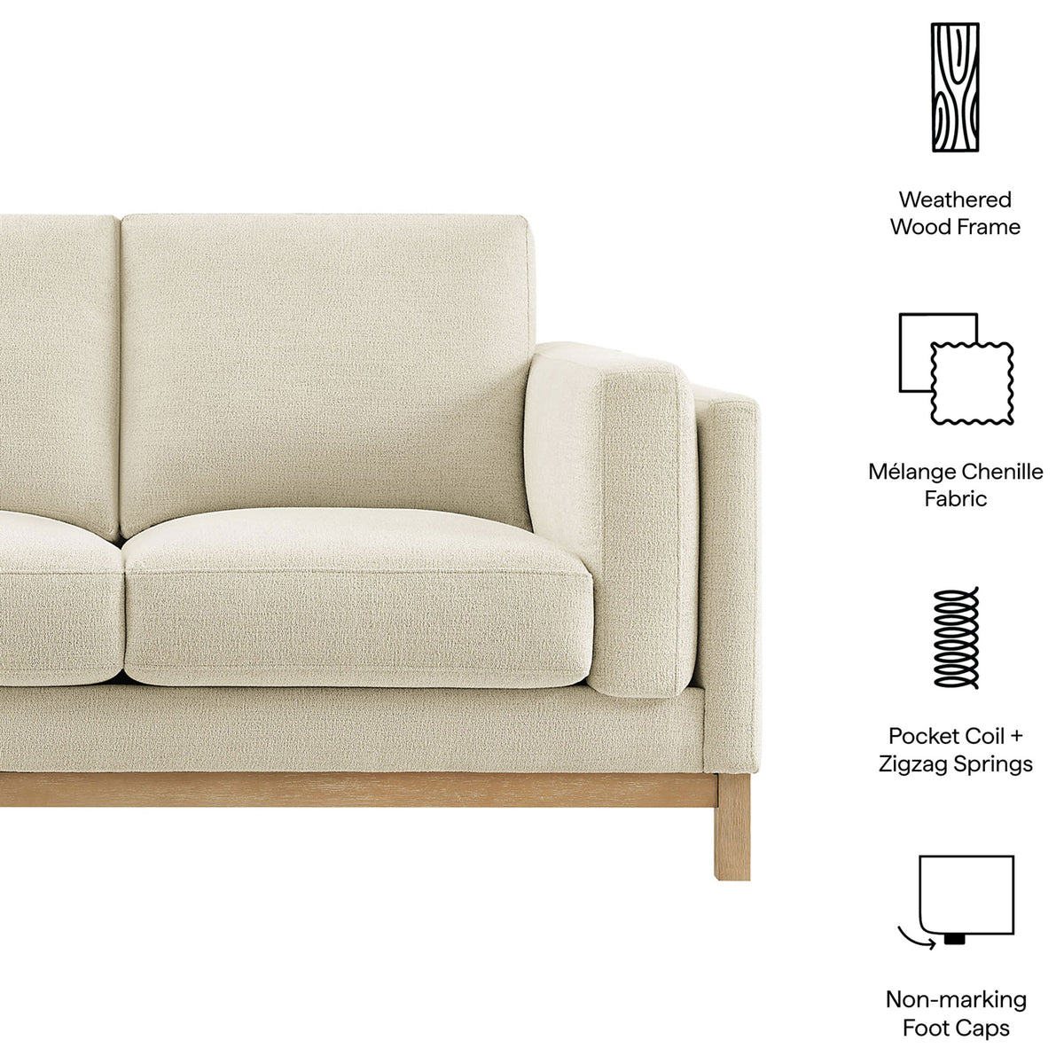 Feature highlights showing weathered wood frame, melange chenille fabric, coils, and non-marking feet. || EEI-7328-IVO || callout_studio