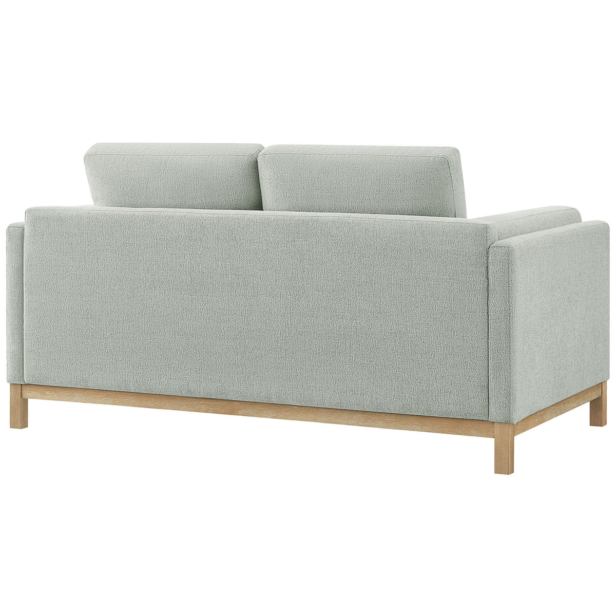 Mist fabric loveseat with full back cushions and clean-lined wood base detailing || EEI-7328-MST || back_angle_studio