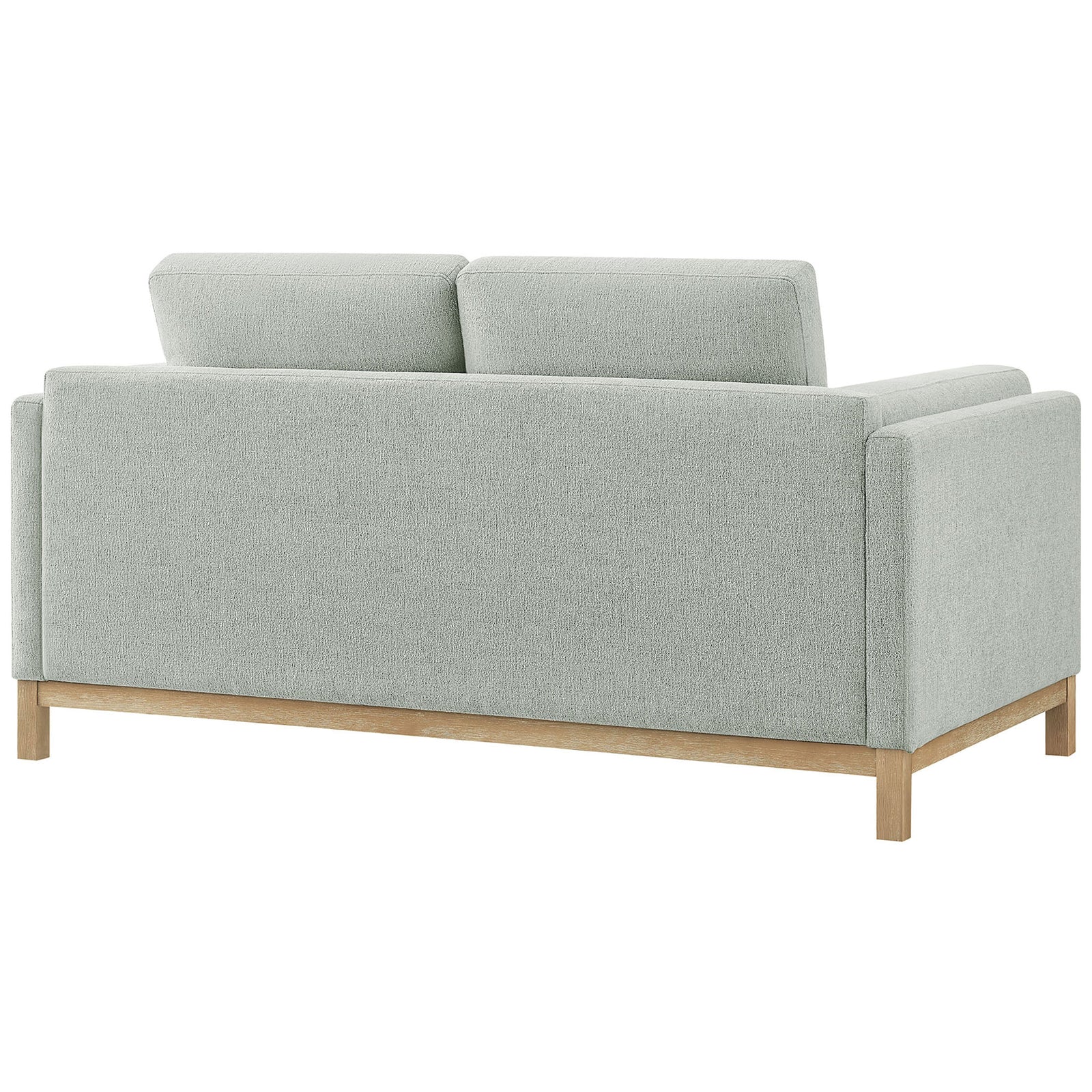 Mist fabric loveseat with full back cushions and clean-lined wood base detailing || EEI-7328-MST || back_angle_studio
