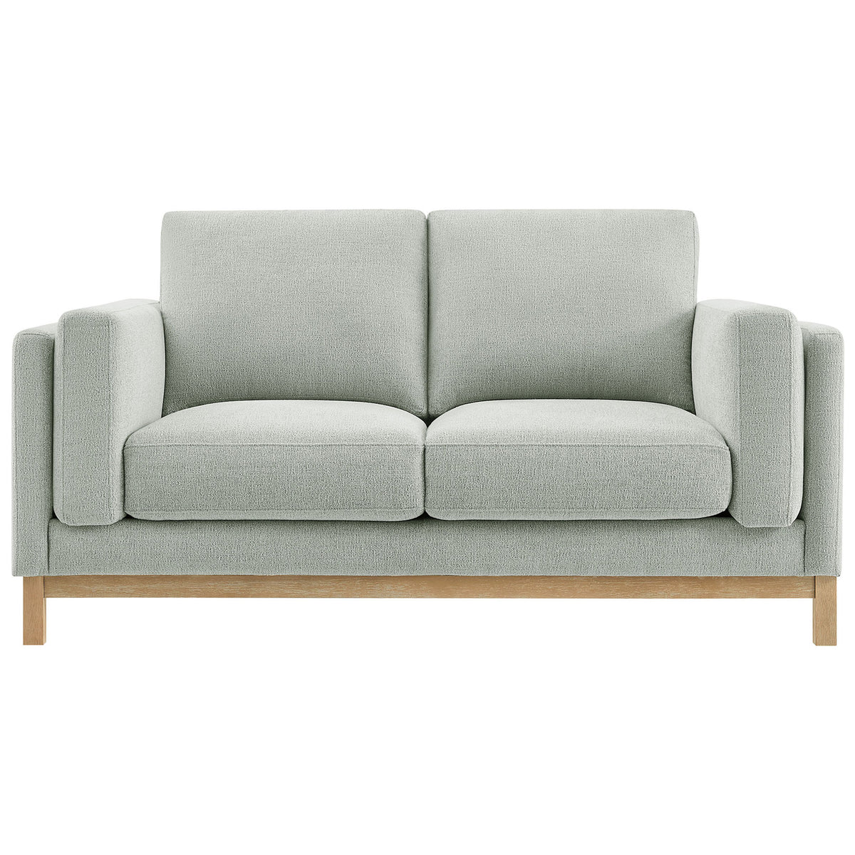 Modern mist chenille loveseat with plush seat and back cushions on a warm wood base || EEI-7328-MST || front_studio
