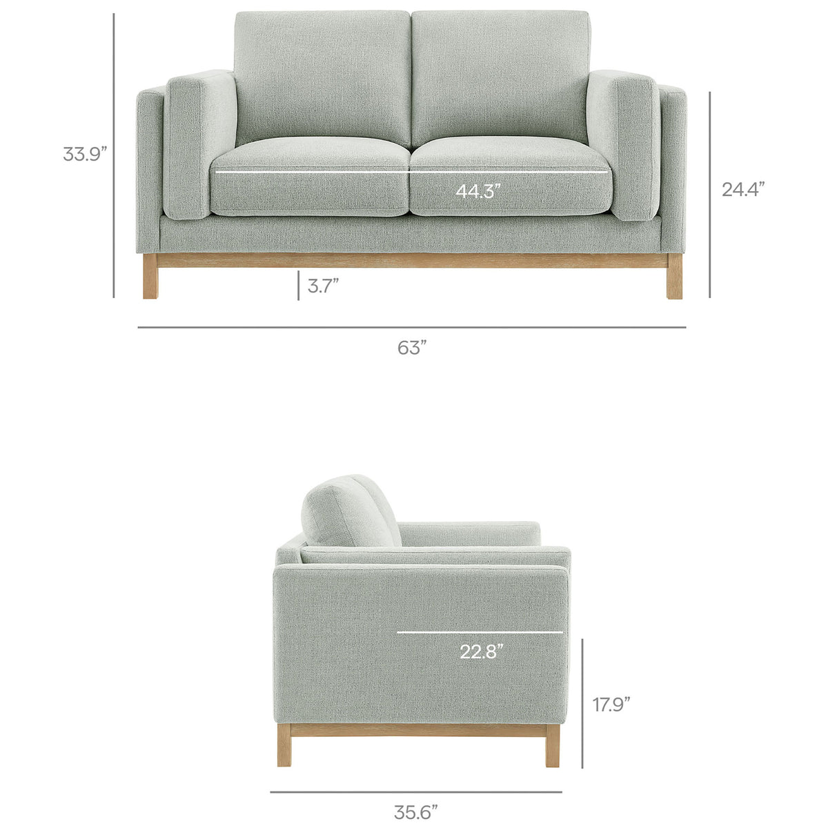 Loveseat dimensions showing generous seating width, deep seat, and comfortable arm height for lounging || EEI-7328-MST || dimension_studio