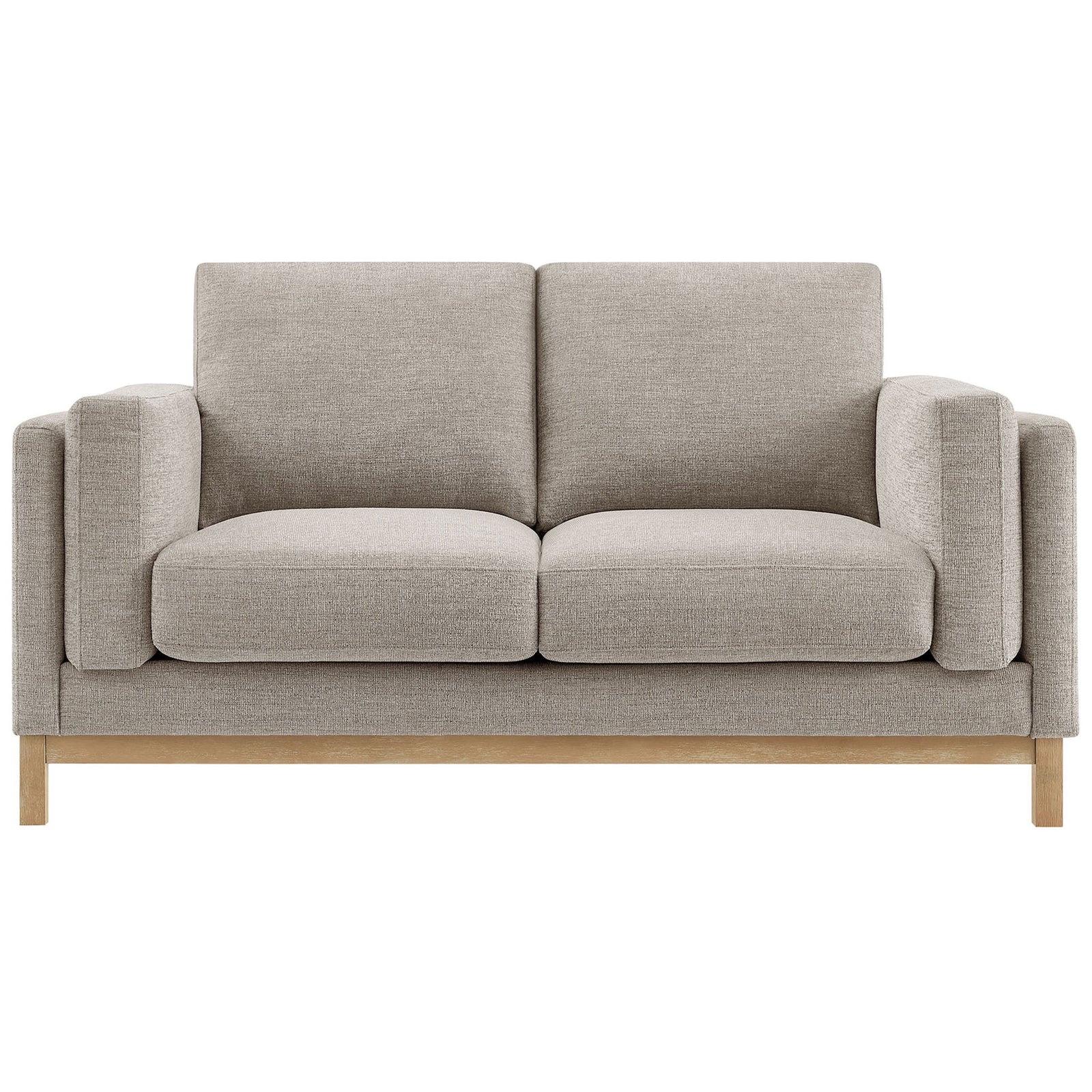 Modern pewter loveseat with deep seat cushions and plush back pillows on a wood frame base. || EEI-7328-PEW || front_studio