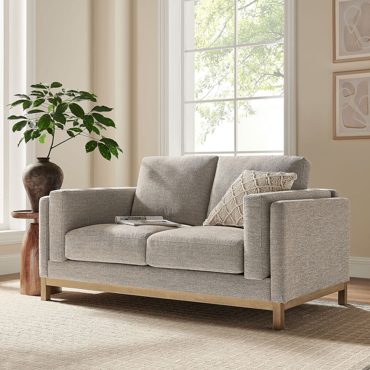 Roscoe loveseat in pewter chenille brings relaxed comfort to a bright, airy living space. || EEI-7328-PEW || front_angle_room