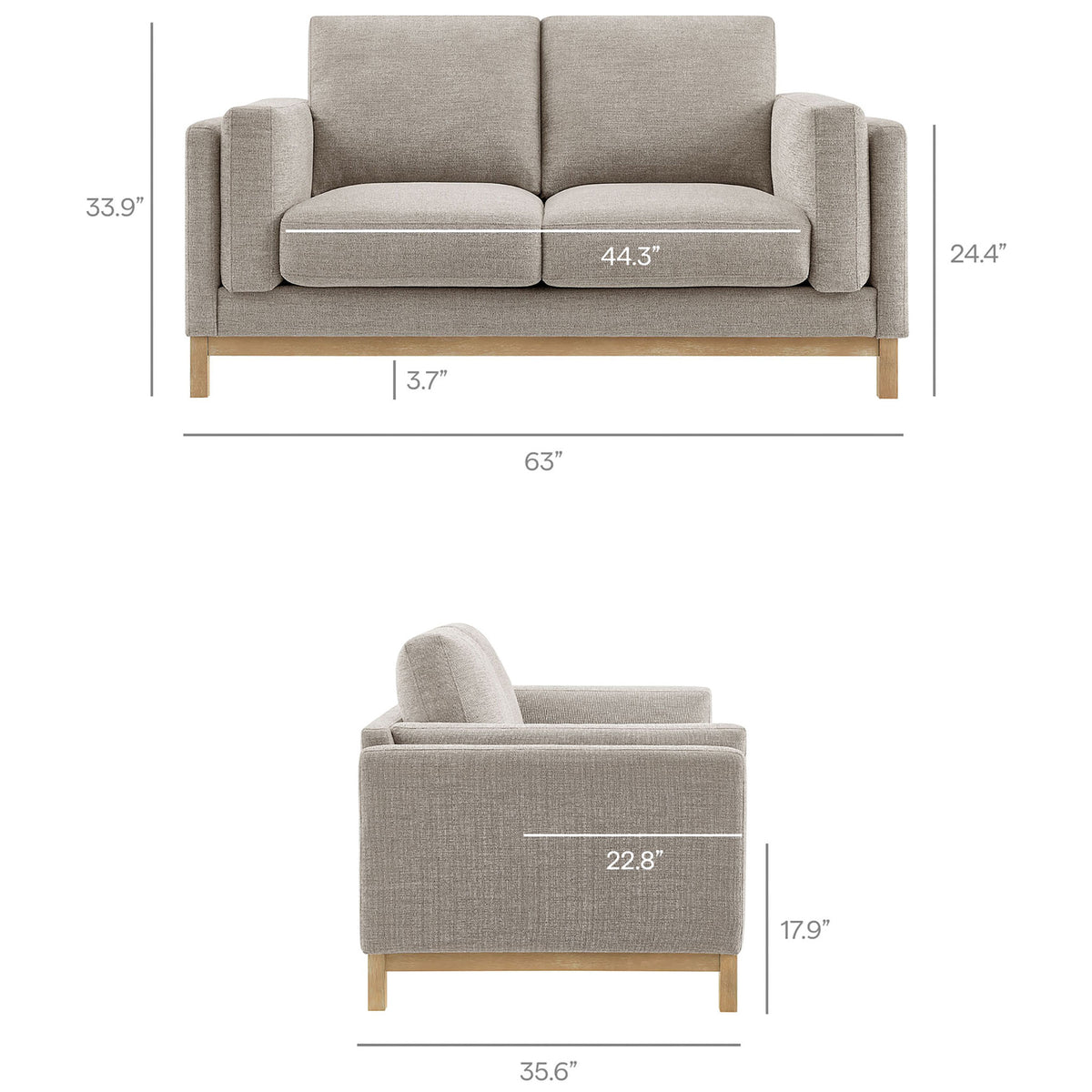 Dimension diagram of the Roscoe loveseat detailing overall width, depth, height, and seat measurements. || EEI-7328-PEW || dimension_studio