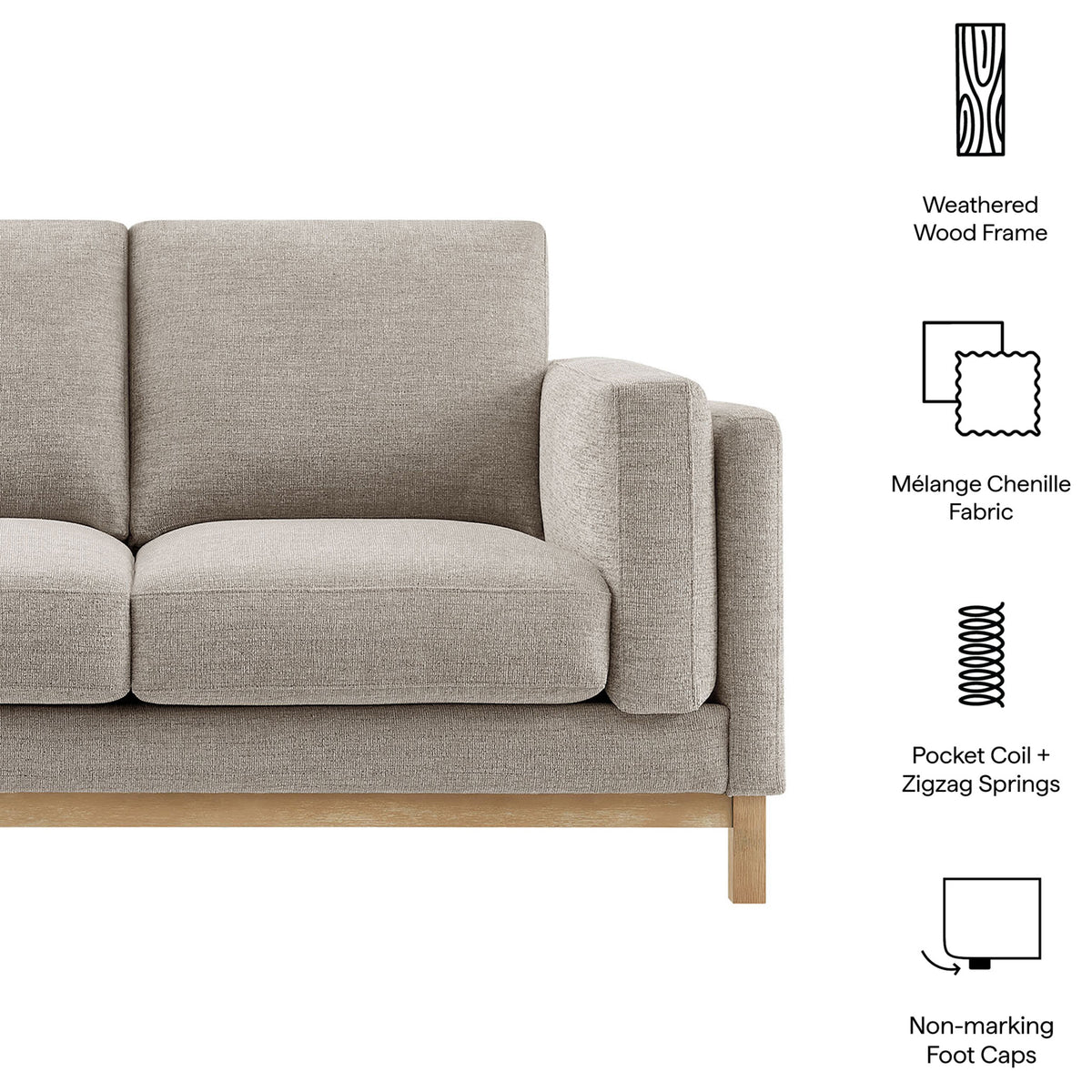 Feature graphic highlighting weathered wood frame, melange chenille fabric, coils, and non marking foot caps. || EEI-7328-PEW || callout_studio