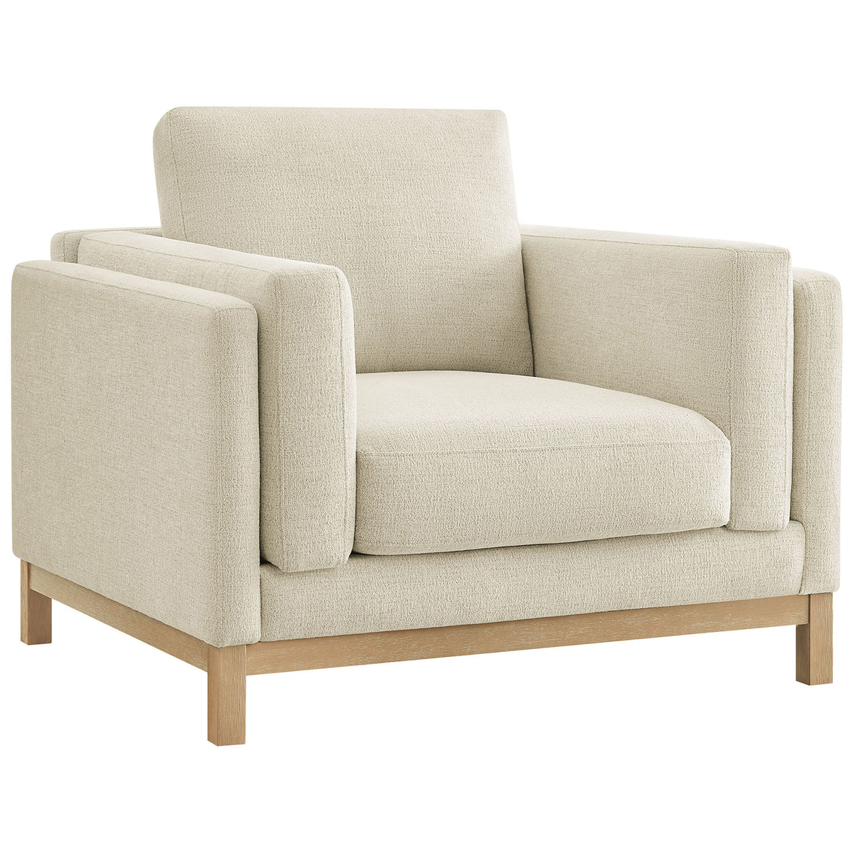 Ivory chenille armchair with plush cushions and a low-profile weathered wood base || EEI-7329-IVO || front_angle_studio