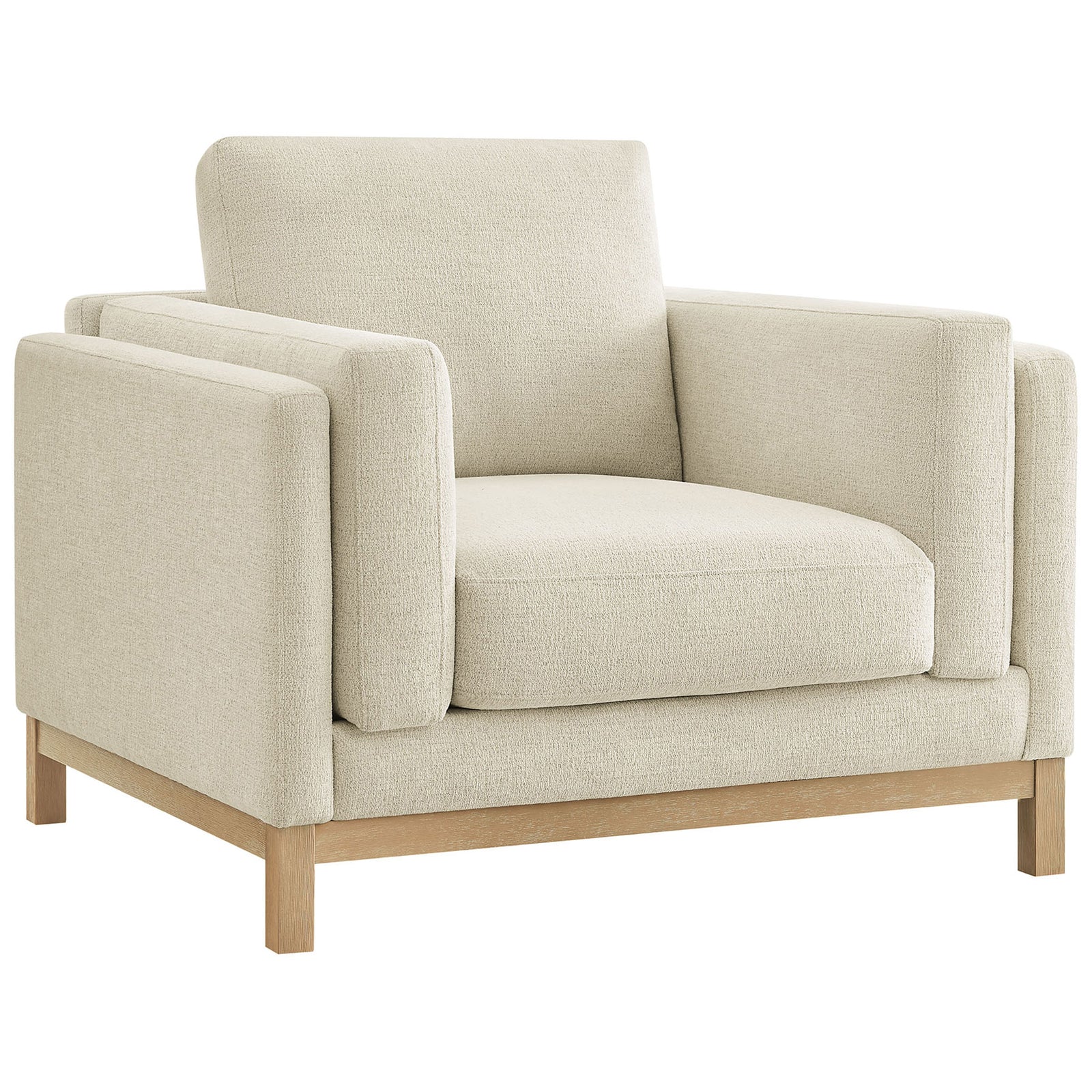 Ivory chenille armchair with plush cushions and a low-profile weathered wood base || EEI-7329-IVO || front_angle_studio