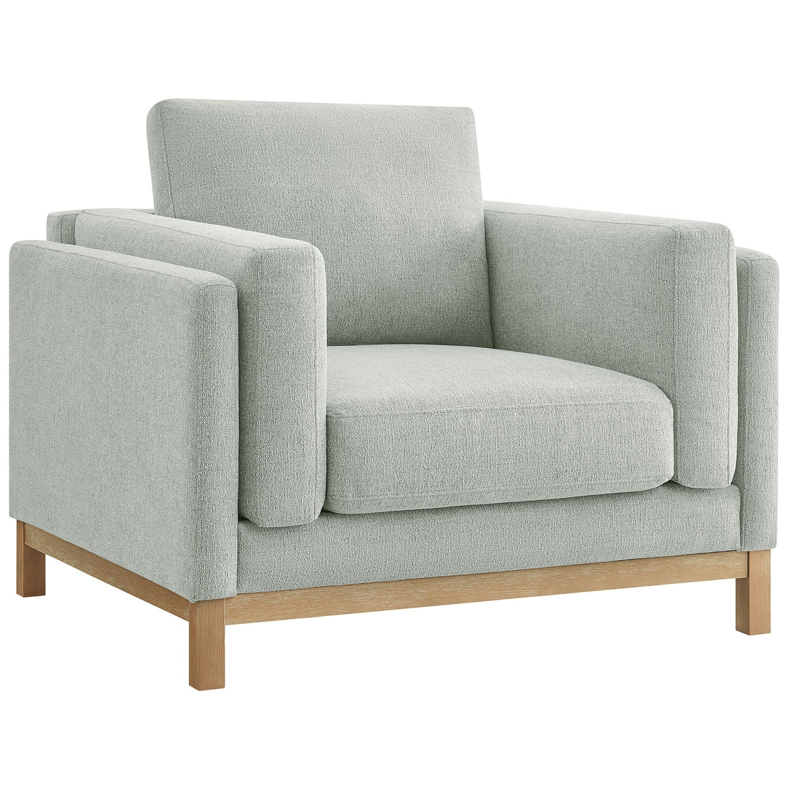 Streamlined armchair in melange chenille with deep, plush seat and integrated wood legs || EEI-7329-MST || front_angle_studio