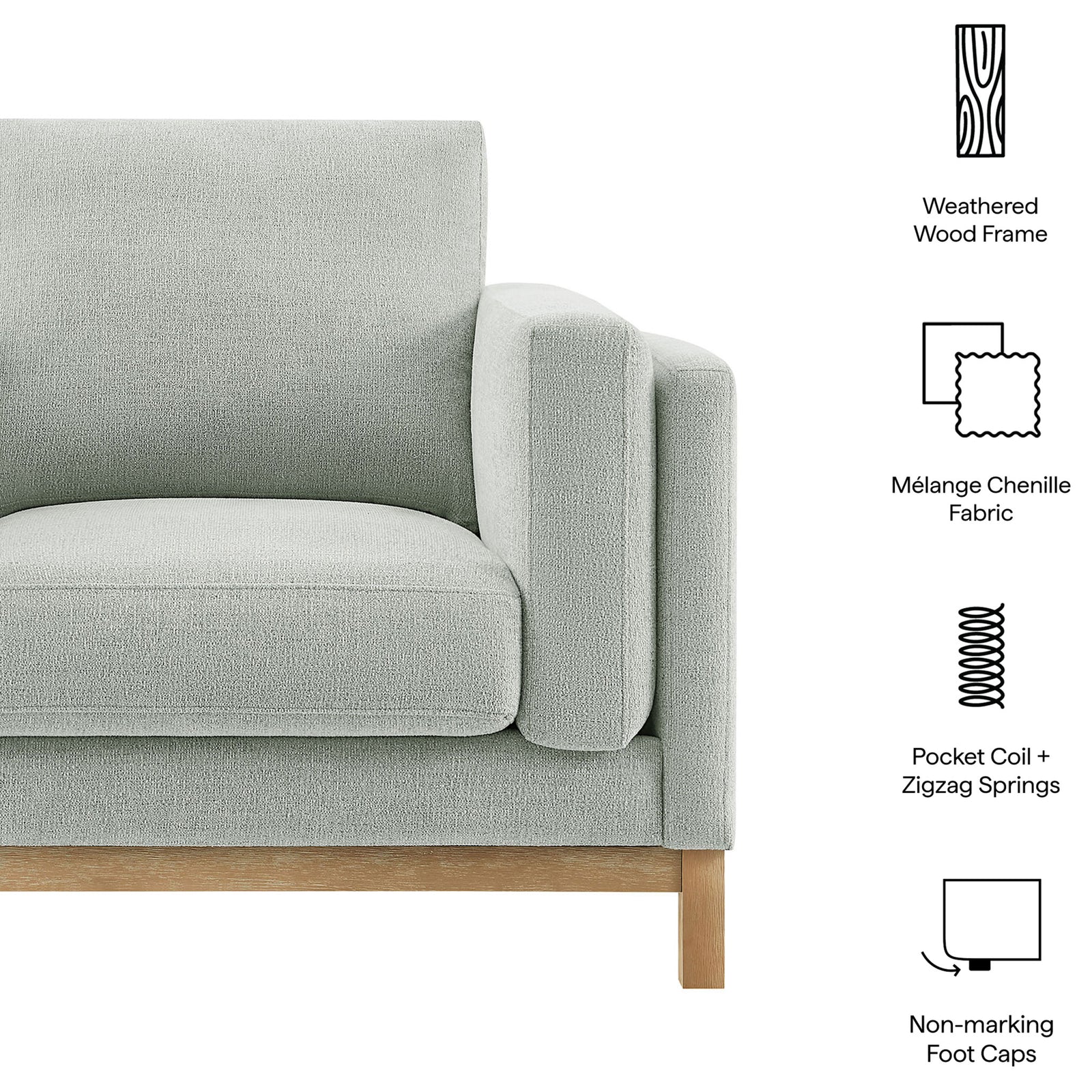 Weathered wood frame, melange chenille, pocket coil support, and non-marking foot caps || EEI-7329-MST || callout_studio
