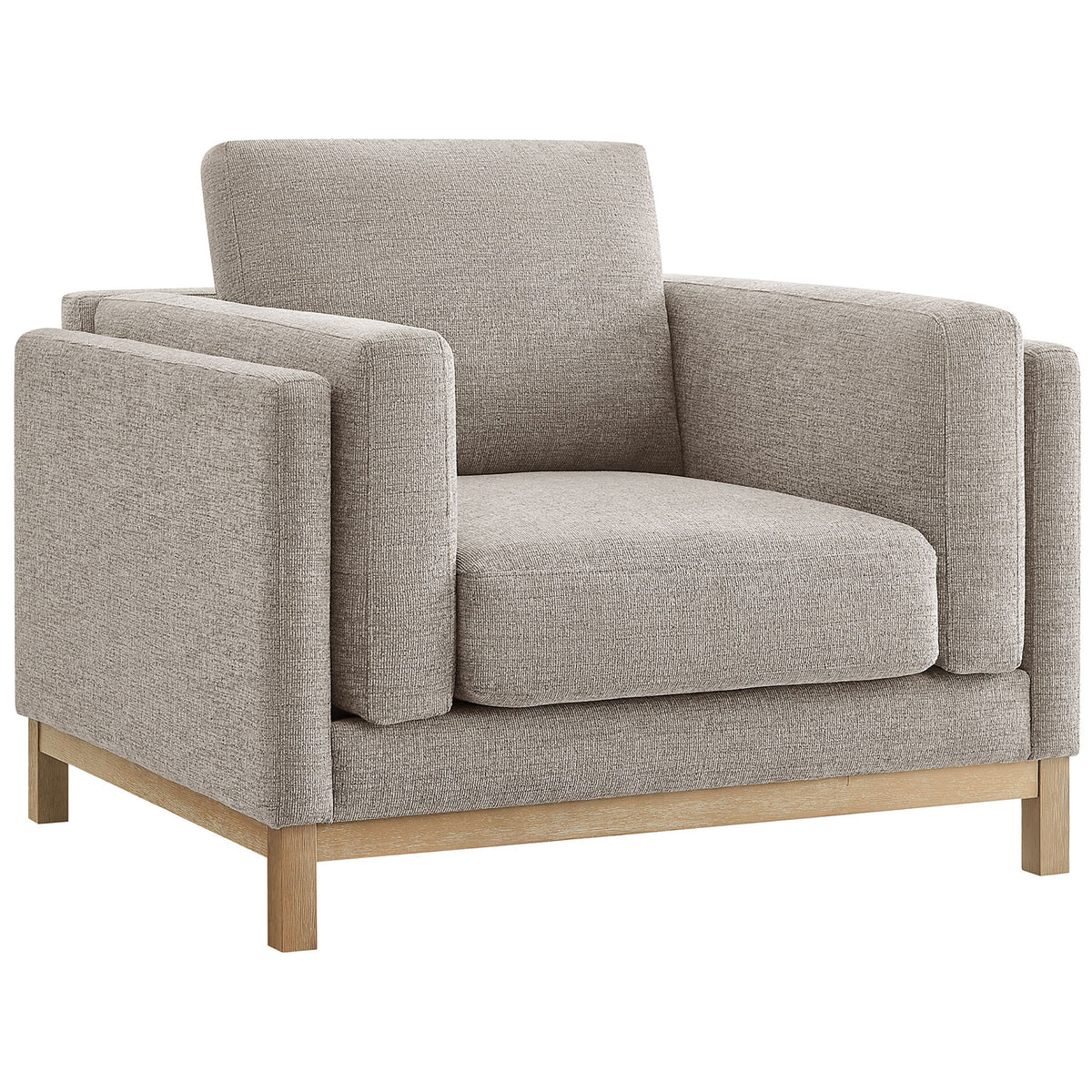 Tailored pewter fabric armchair with deep seat and layered track arms on a weathered wood frame. || EEI-7329-PEW || front_angle_studio
