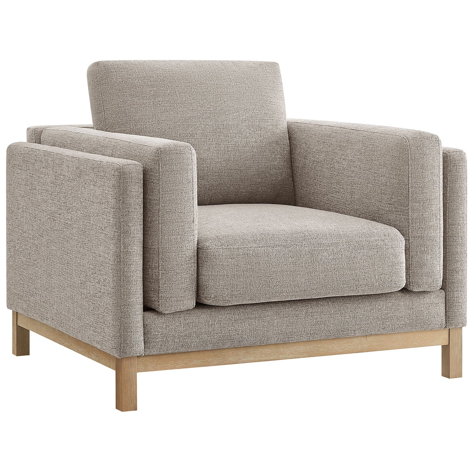 Tailored pewter fabric armchair with deep seat and layered track arms on a weathered wood frame. || EEI-7329-PEW || front_angle_studio