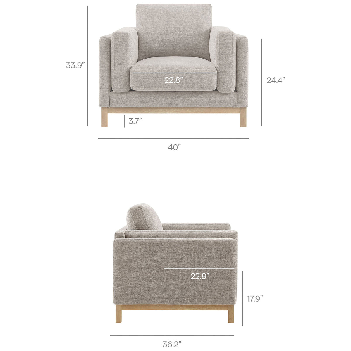 Generous proportions with a 22.8 inch wide seat and 17.9 inch seat height for lounge-worthy comfort. || EEI-7329-PEW || dimension_studio