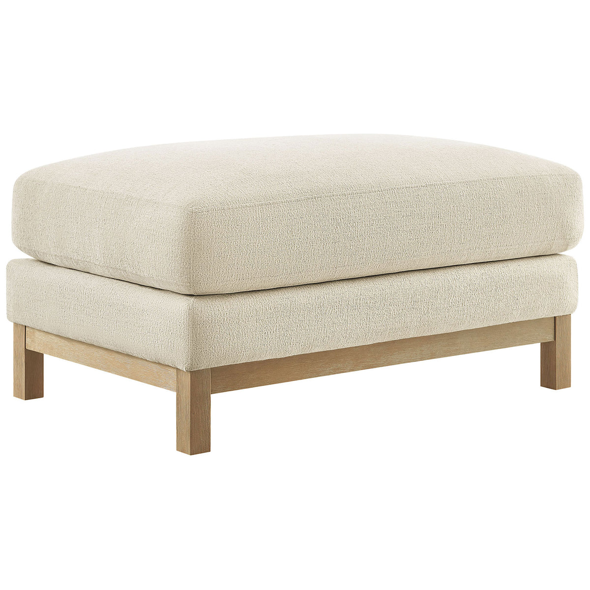 Ivory chenille rectangular ottoman with plush cushion and weathered wood base || EEI-7330-IVO || front_angle_studio