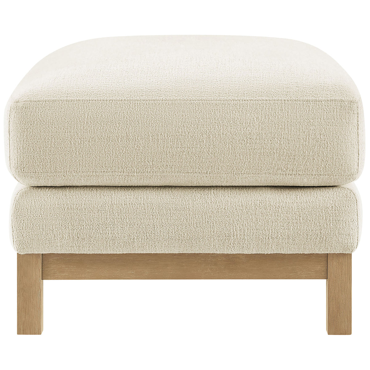 Compact ivory ottoman end view showcasing thick cushioned top and slim wood base || EEI-7330-IVO || side_studio