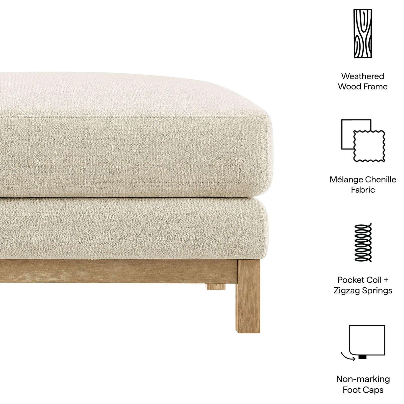 Feature callouts for ivory ottoman showing fabric springs wood frame and foot caps || EEI-7330-IVO || callout_studio