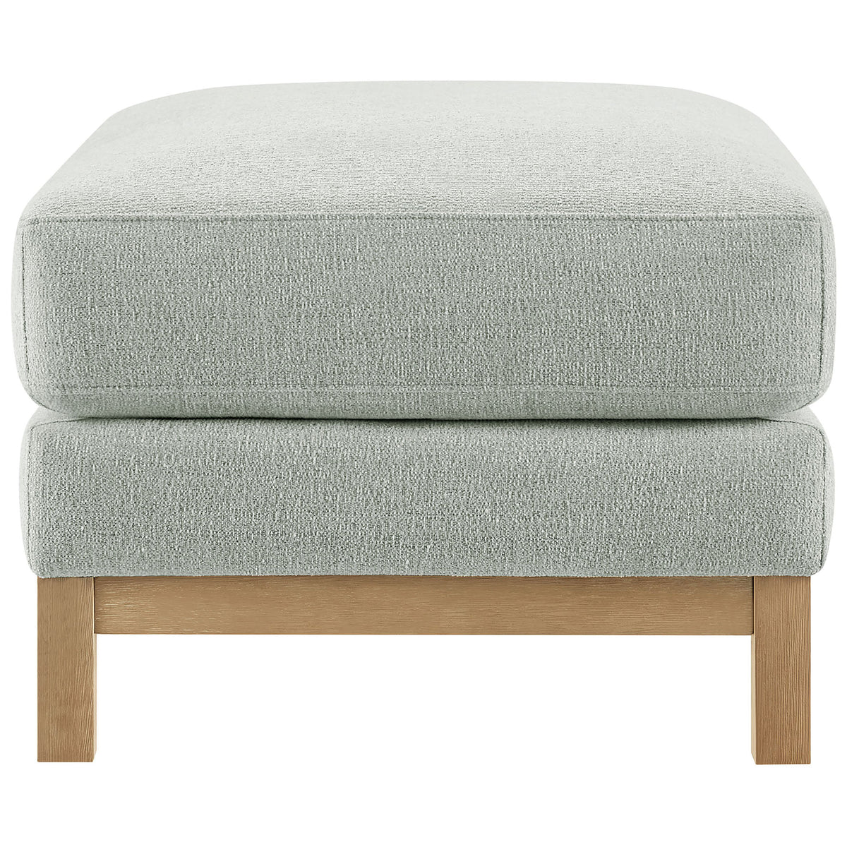 Mist fabric ottoman showing thick seat cushion and sturdy weathered wood frame || EEI-7330-MST || side_studio
