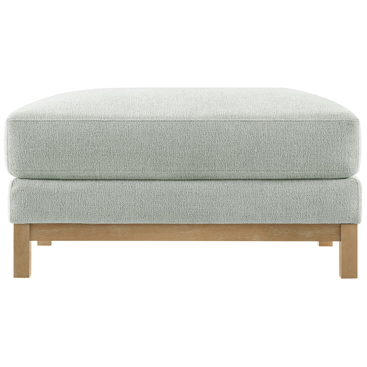 Tailored mist chenille ottoman with plush cushioned top and warm weathered wood base || EEI-7330-MST || front_studio