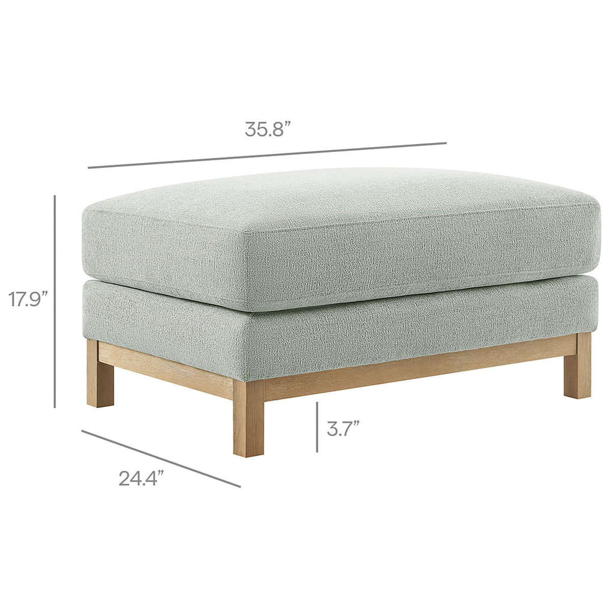 Dimensions displayed for Roscoe mist fabric ottoman with spacious cushioned top and wood base || EEI-7330-MST || dimension_studio