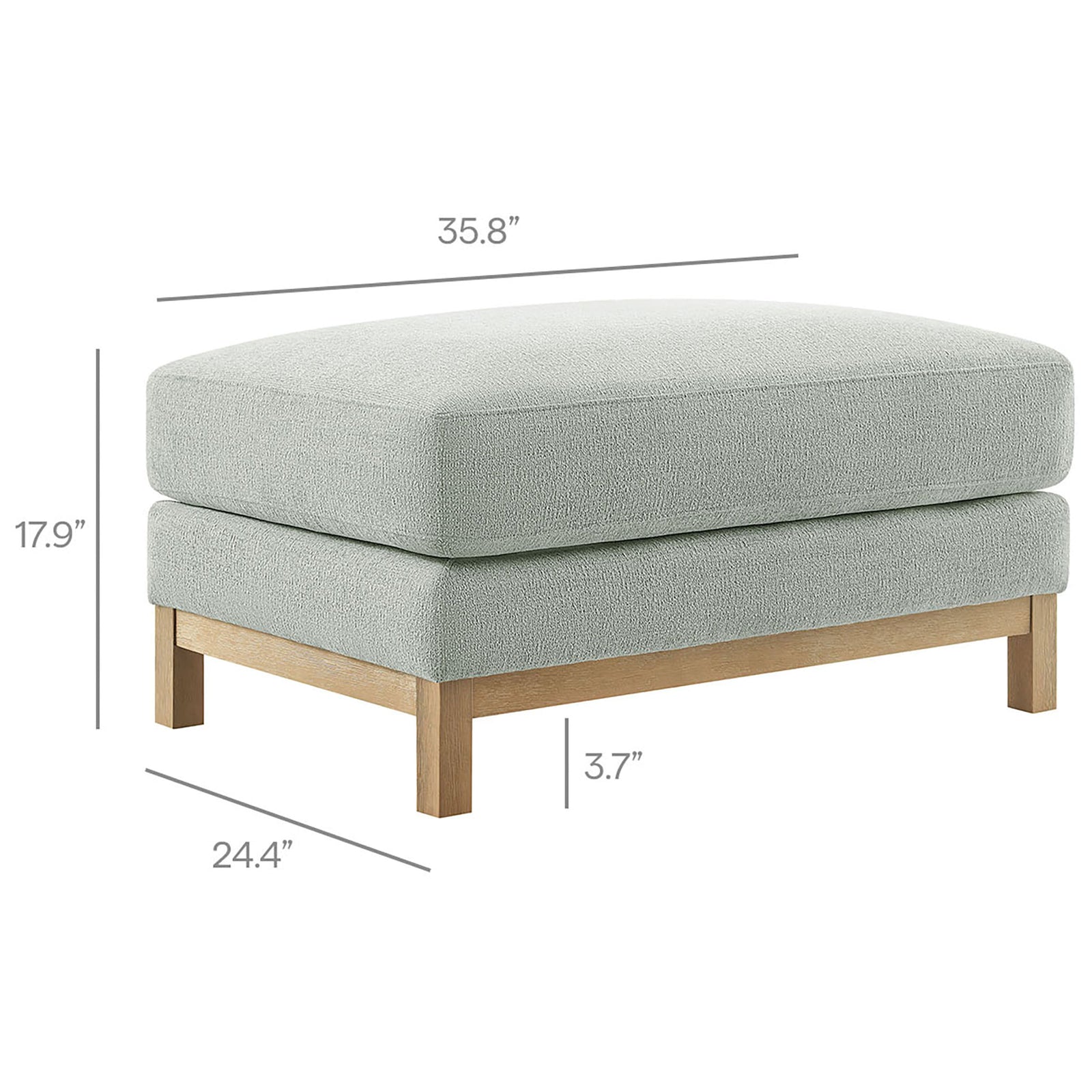 Dimensions displayed for Roscoe mist fabric ottoman with spacious cushioned top and wood base || EEI-7330-MST || dimension_studio
