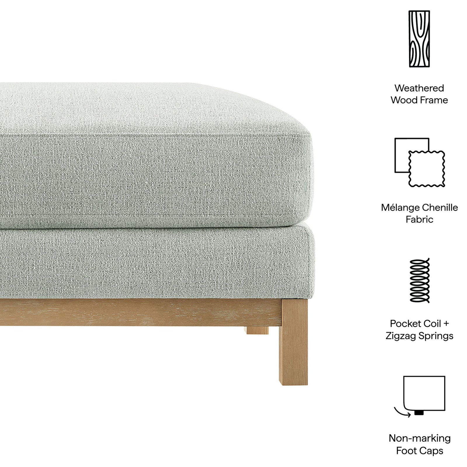 Roscoe mist ottoman with icons highlighting wood frame, chenille fabric, supportive springs, and foot caps || EEI-7330-MST || callout_studio
