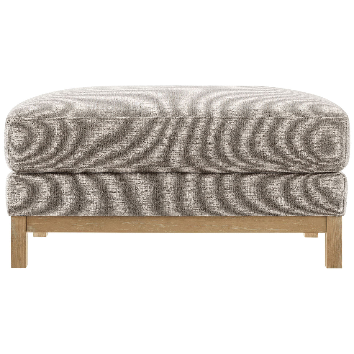 Low-profile Roscoe rectangular ottoman in pewter chenille with plush cushion and weathered wood base. || EEI-7330-PEW || front_studio