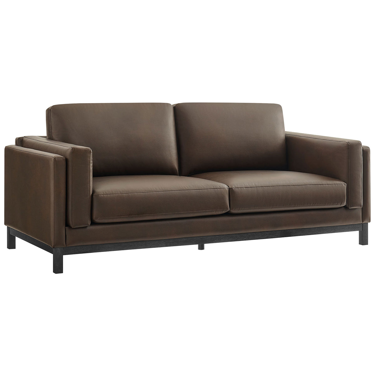 Espresso vegan leather sofa with clean lines, deep seat cushions, and slim track arms on a wood base || EEI-7335-ESP || front_angle_studio