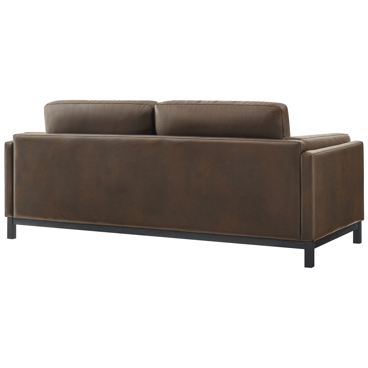 Smooth vegan leather back with clean lines and a slim wood base on the Roscoe sofa || EEI-7335-ESP || back_angle_studio
