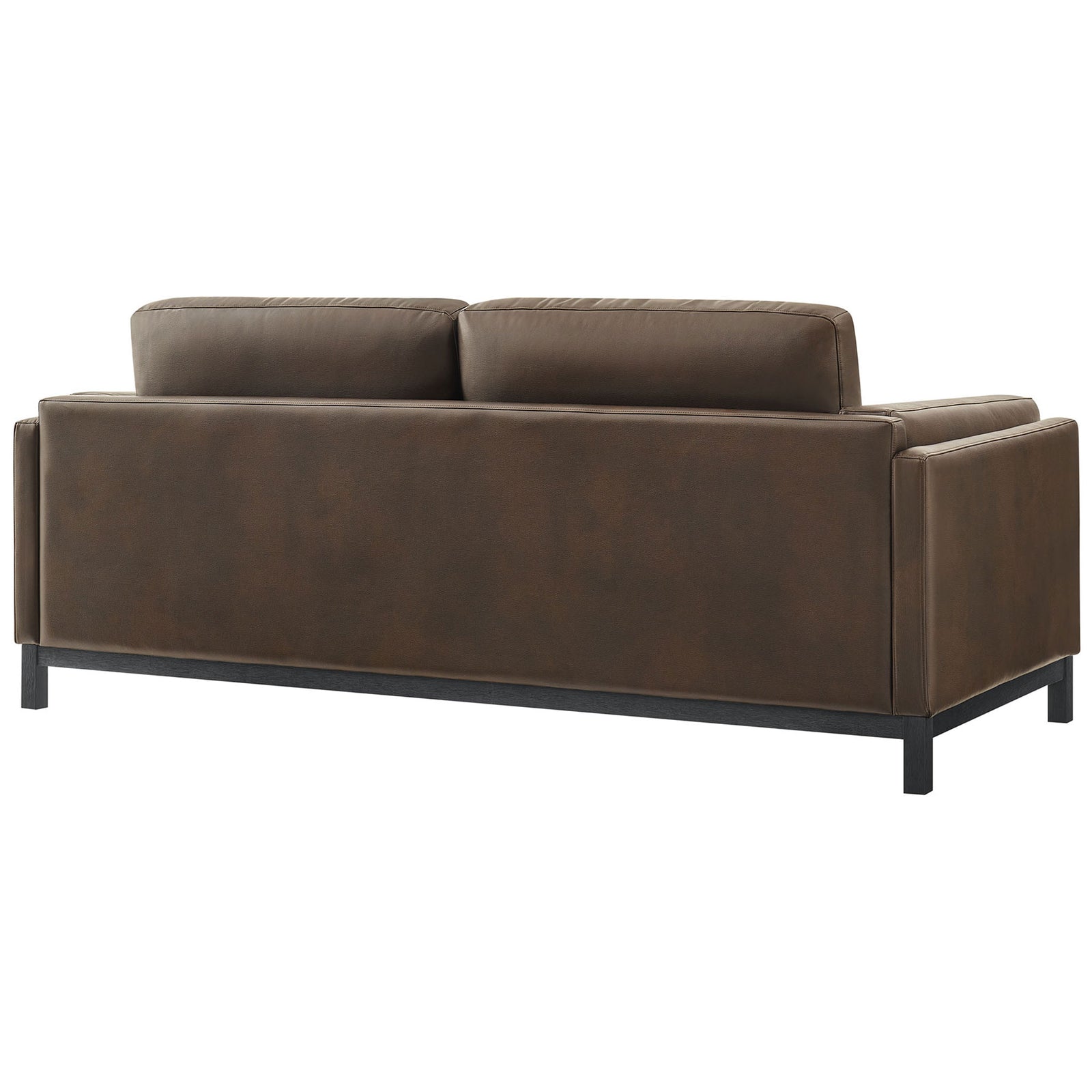 Smooth vegan leather back with clean lines and a slim wood base on the Roscoe sofa || EEI-7335-ESP || back_angle_studio