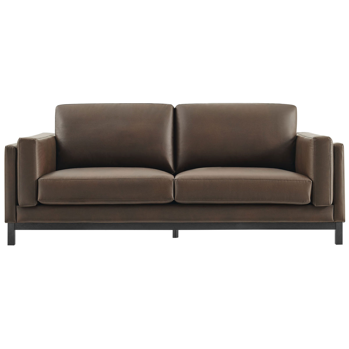 Espresso vegan leather sofa with two plush seat cushions and supportive back cushions || EEI-7335-ESP || front_studio