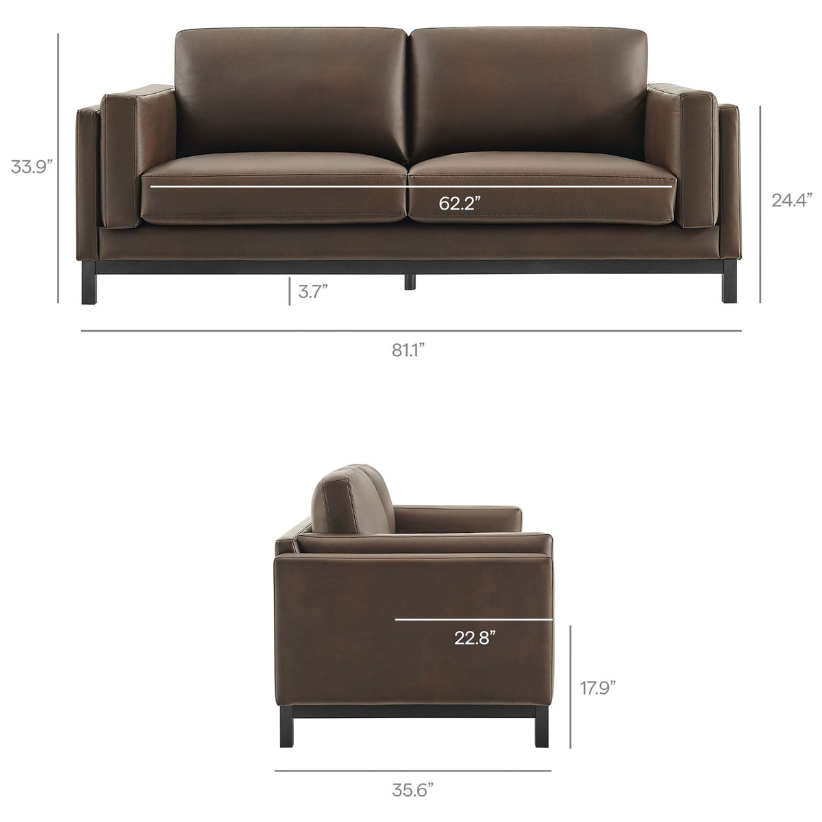 Dimensional diagram of the Roscoe vegan leather sofa with key width, depth, and height measurements || EEI-7335-ESP || dimension_studio
