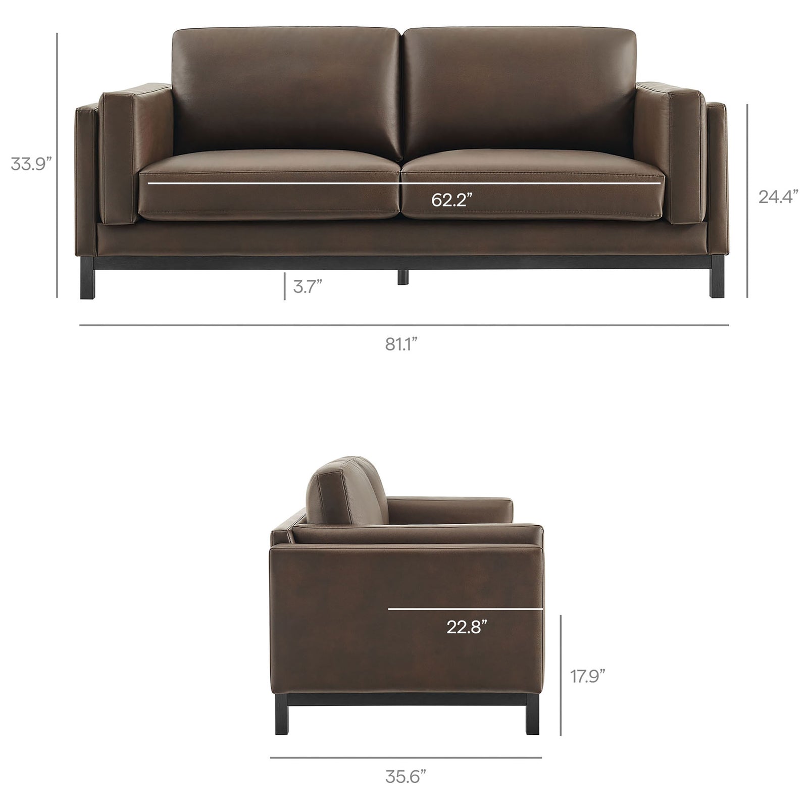 Dimensional diagram of the Roscoe vegan leather sofa with key width, depth, and height measurements || EEI-7335-ESP || dimension_studio