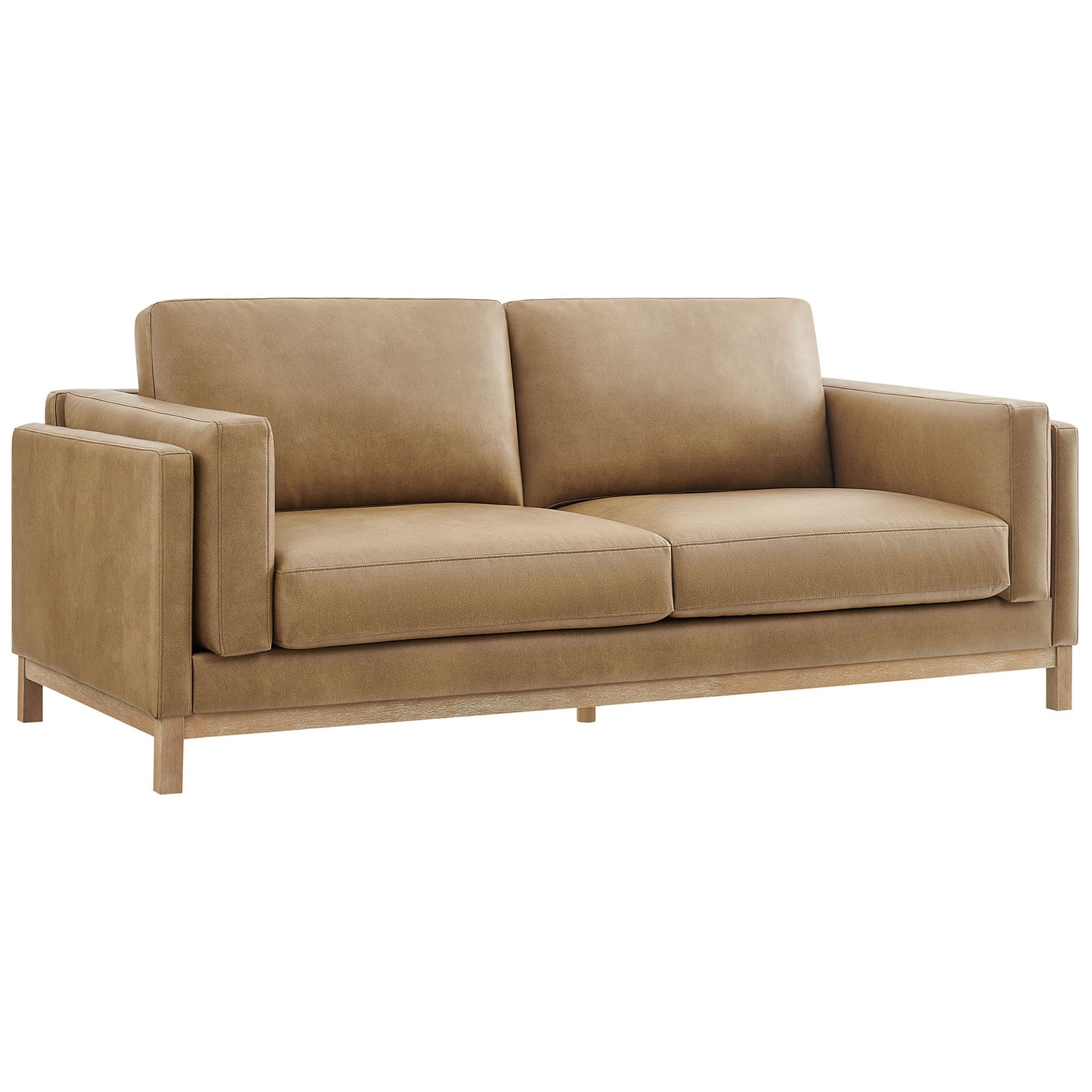 Spacious toast vegan leather sofa with generous seat depth and tailored track arms for lounge-worthy comfort || EEI-7335-TST || front_angle_studio