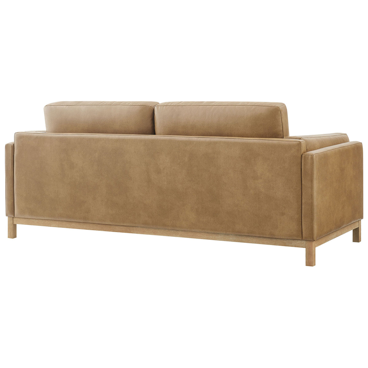 Toast vegan leather sofa with smooth wraparound back, tailored upholstery, and track arms on a wood base || EEI-7335-TST || back_angle_studio