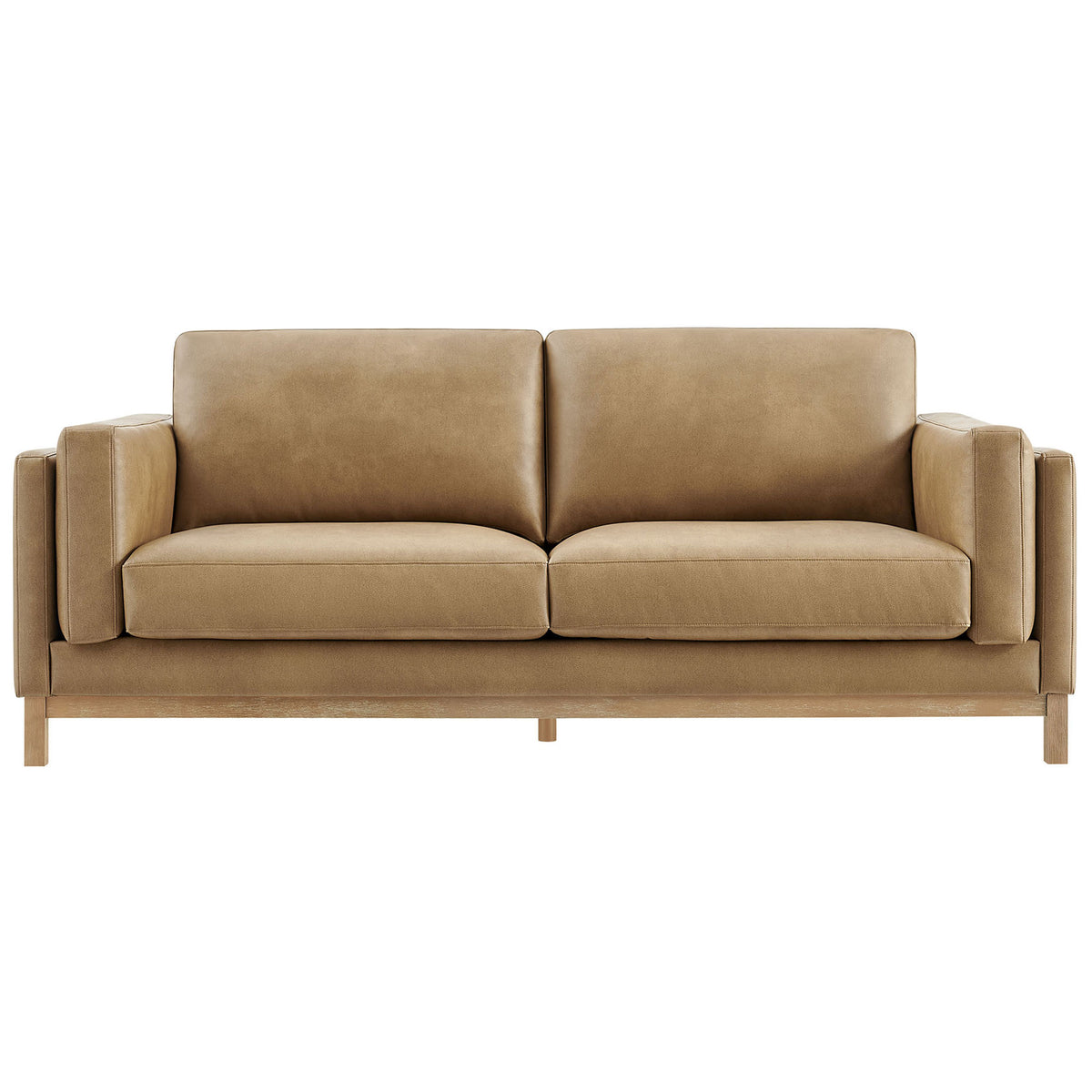 Roscoe toast vegan leather sofa with plush deep cushions and clean-lined arms on a weathered wood base || EEI-7335-TST || front_studio