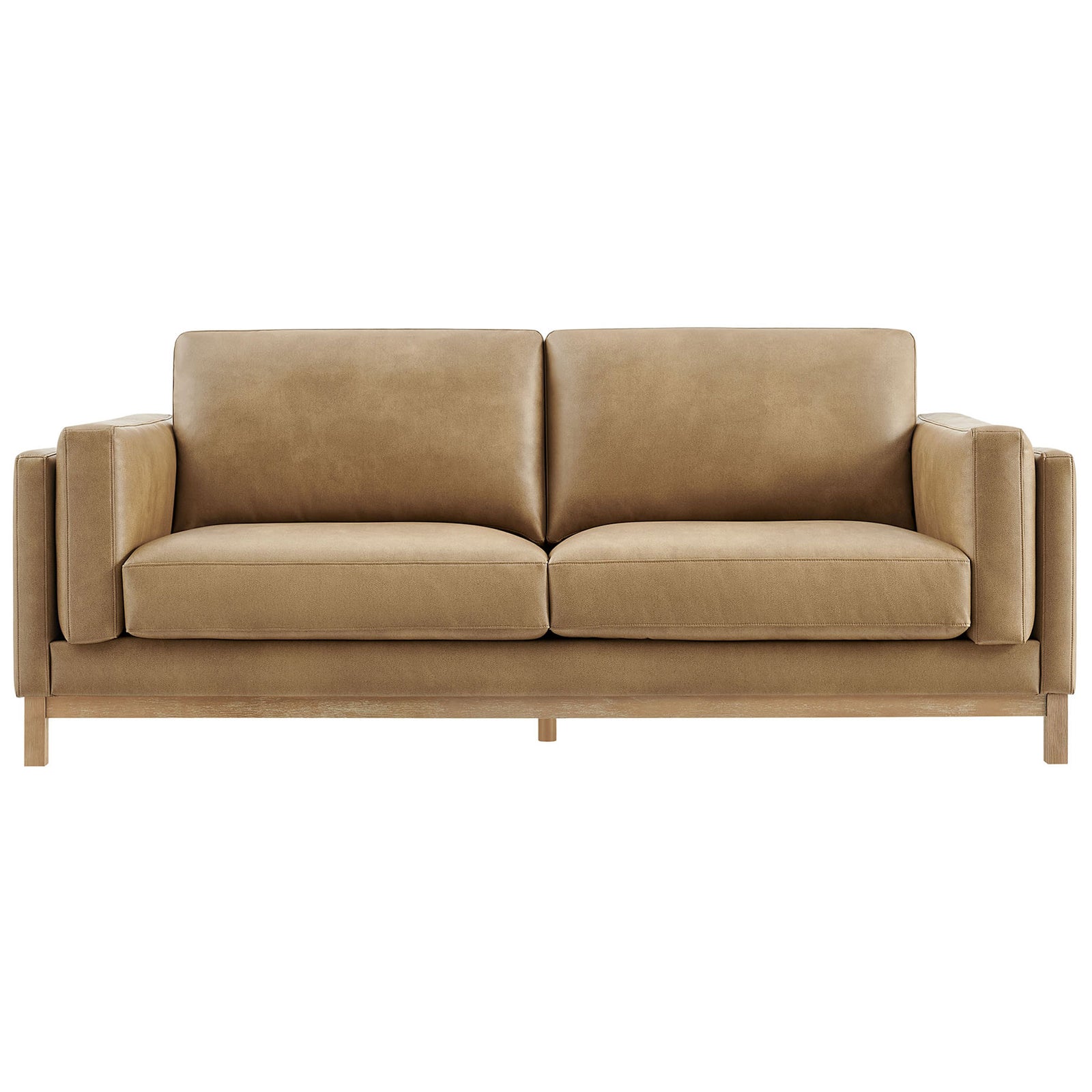 Roscoe toast vegan leather sofa with plush deep cushions and clean-lined arms on a weathered wood base || EEI-7335-TST || front_studio