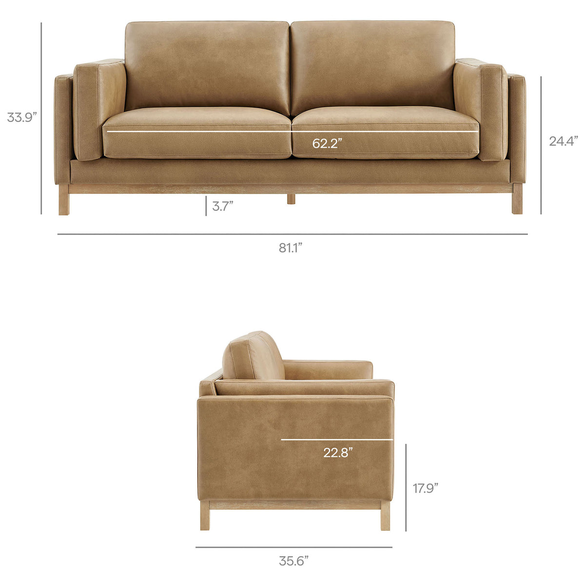 Dimension guide for Roscoe 81 inch vegan leather sofa showing overall width, depth, height, and seat measurements || EEI-7335-TST || dimension_studio