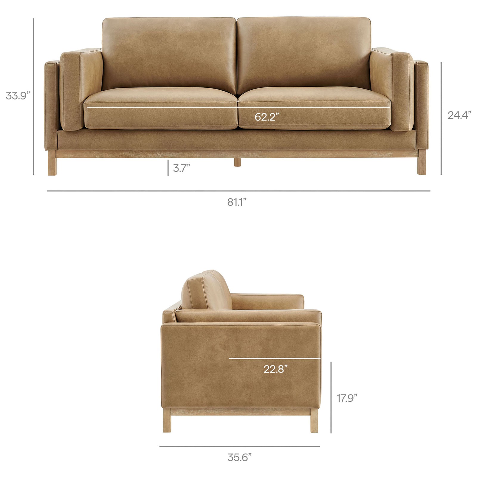 Dimension guide for Roscoe 81 inch vegan leather sofa showing overall width, depth, height, and seat measurements || EEI-7335-TST || dimension_studio