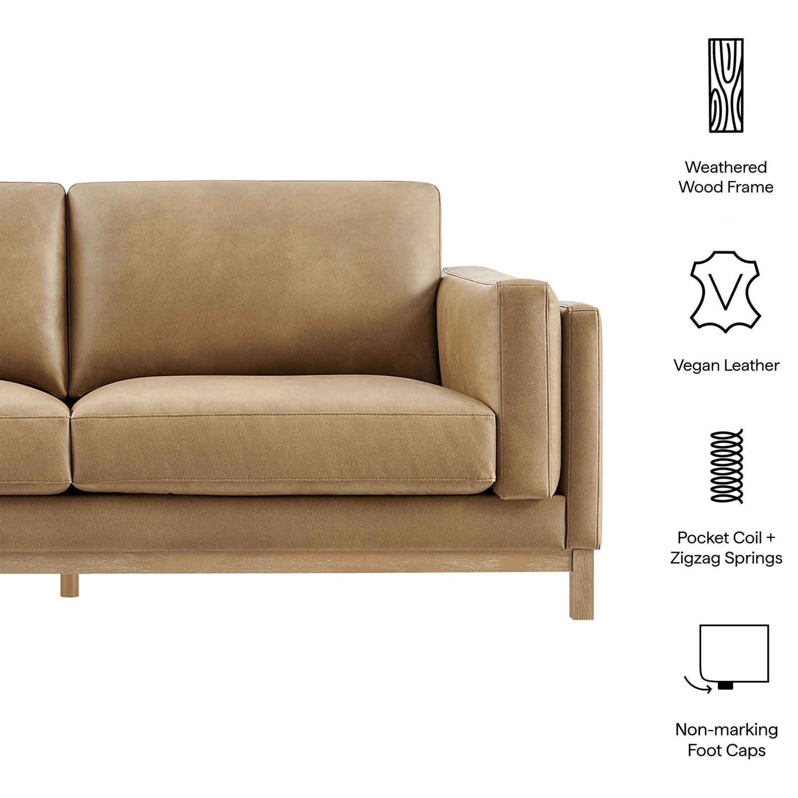 Feature callouts for Roscoe sofa highlighting weathered wood frame, vegan leather, springs, and foot caps || EEI-7335-TST || callout_studio