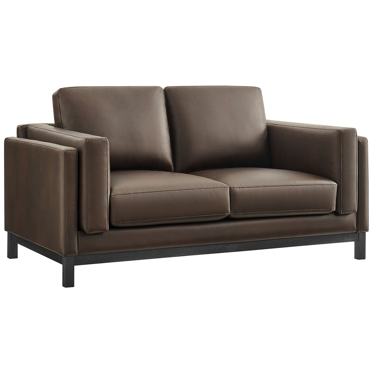 Compact espresso loveseat featuring clean lines, pillow back cushions, and a slim black base || EEI-7336-ESP || front_angle_studio