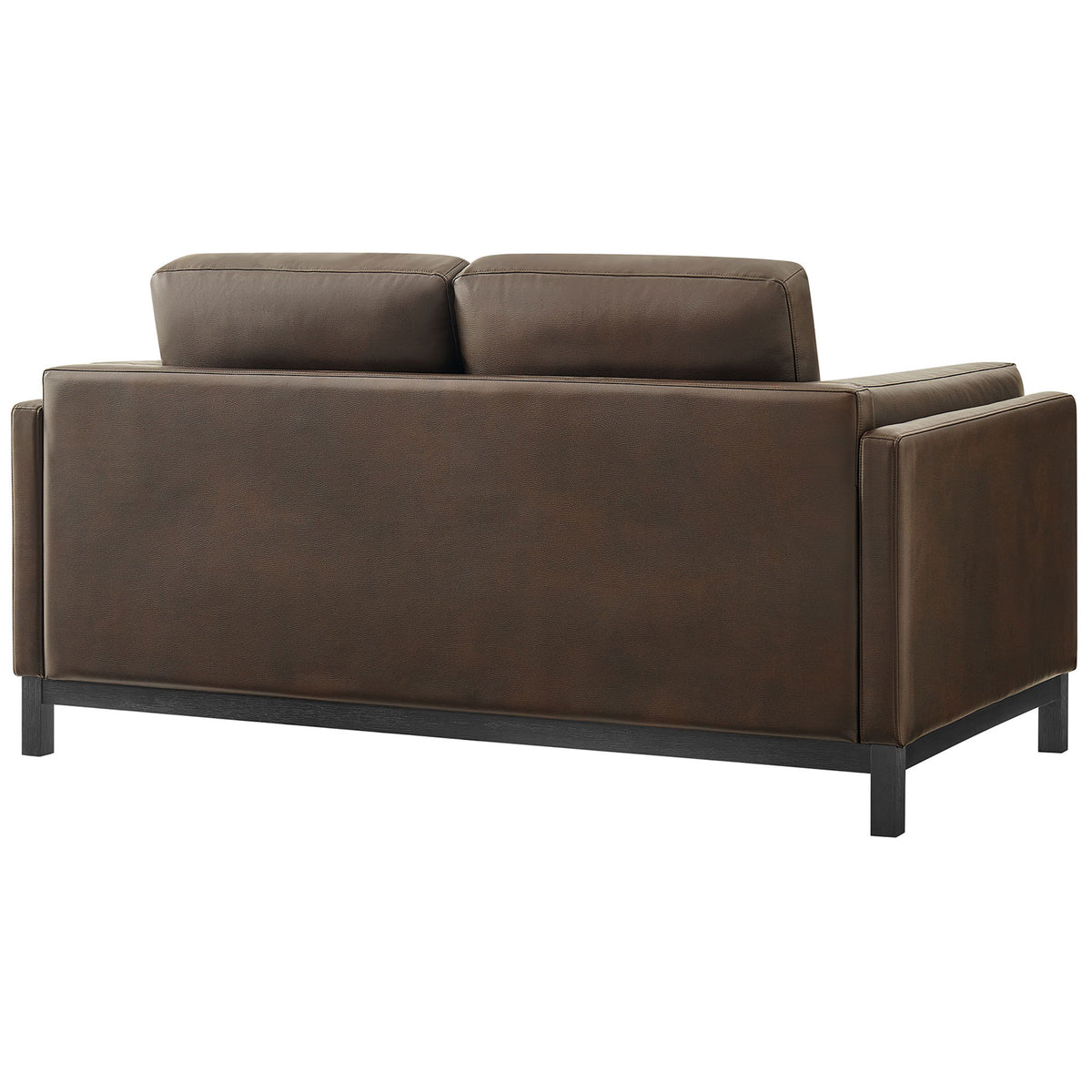 Espresso loveseat with smooth vegan leather back, wrapped track arms, and a sturdy wood base || EEI-7336-ESP || back_angle_studio