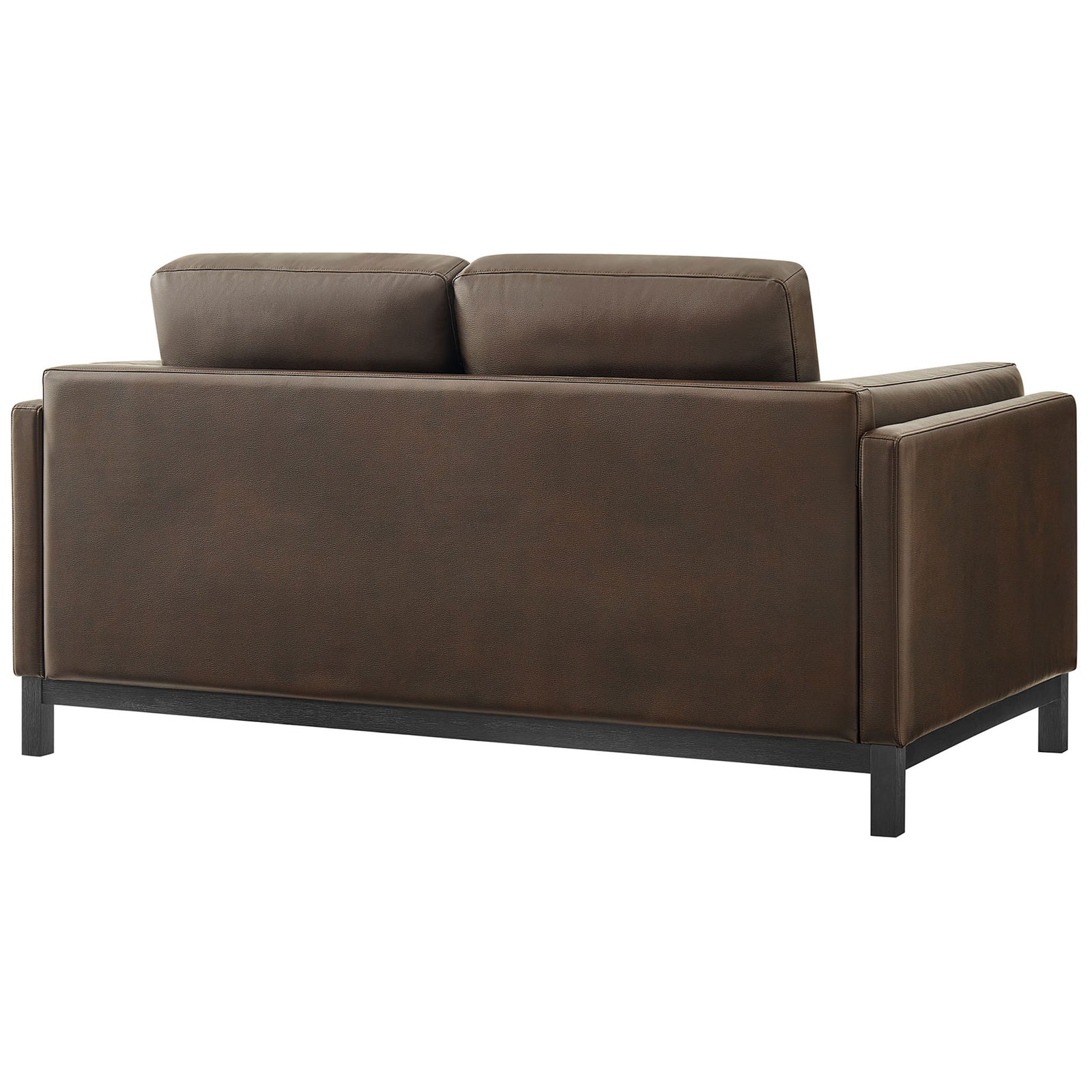 Espresso loveseat with smooth vegan leather back, wrapped track arms, and a sturdy wood base || EEI-7336-ESP || back_angle_studio