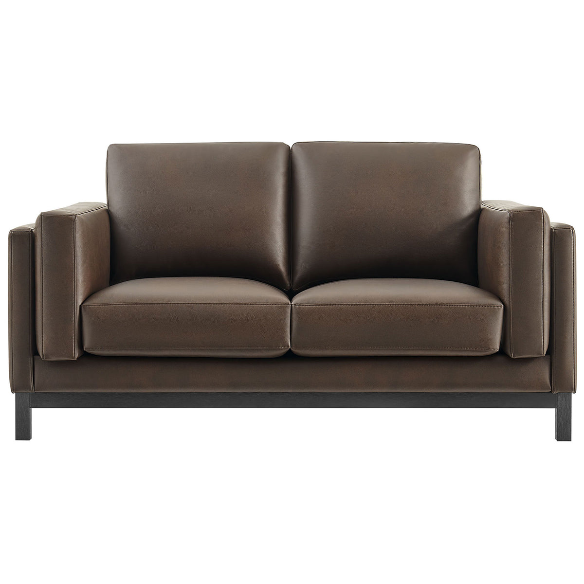 Espresso vegan leather loveseat with boxy track arms and deep cushions on a sleek weathered wood base || EEI-7336-ESP || front_studio