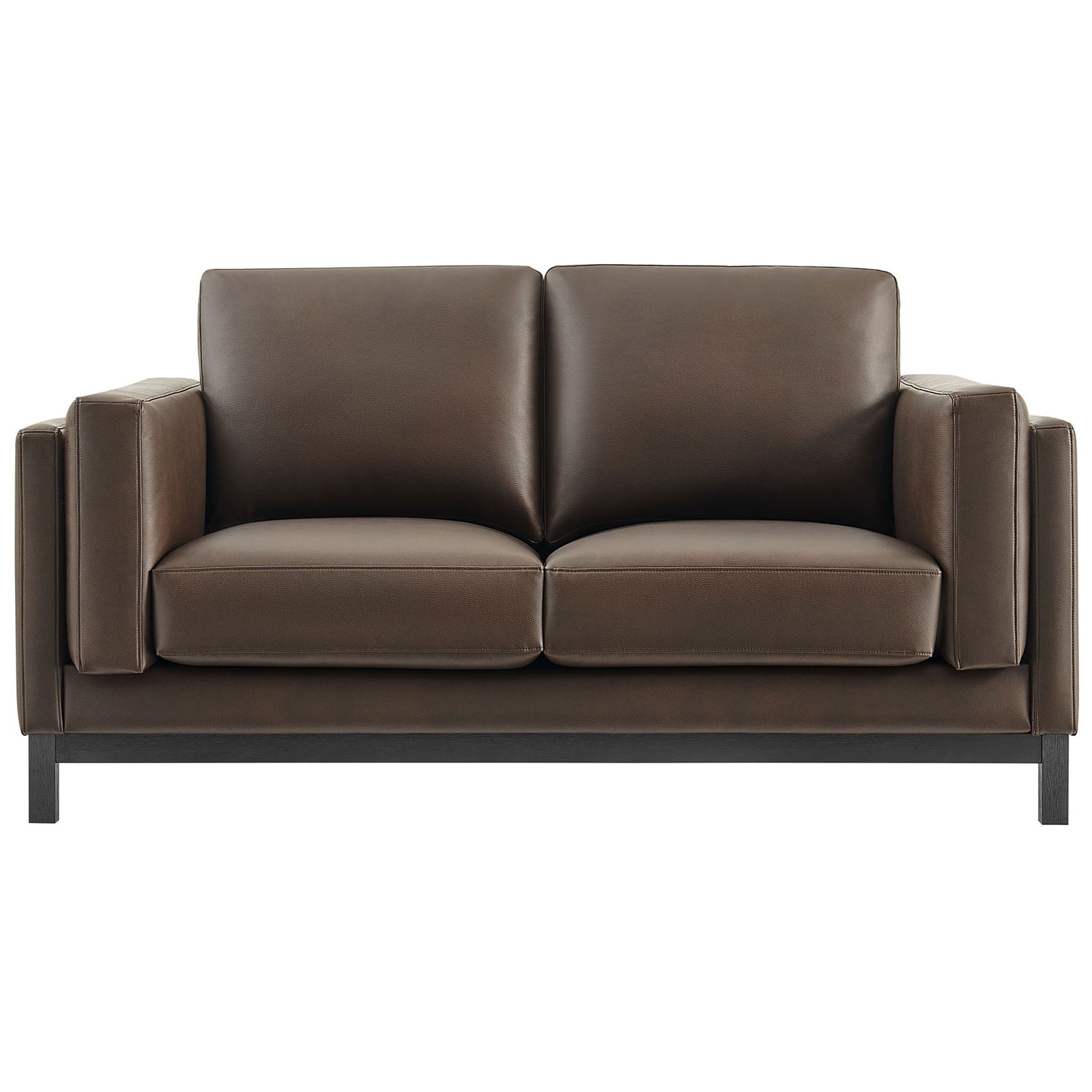 Espresso vegan leather loveseat with boxy track arms and deep cushions on a sleek weathered wood base || EEI-7336-ESP || front_studio