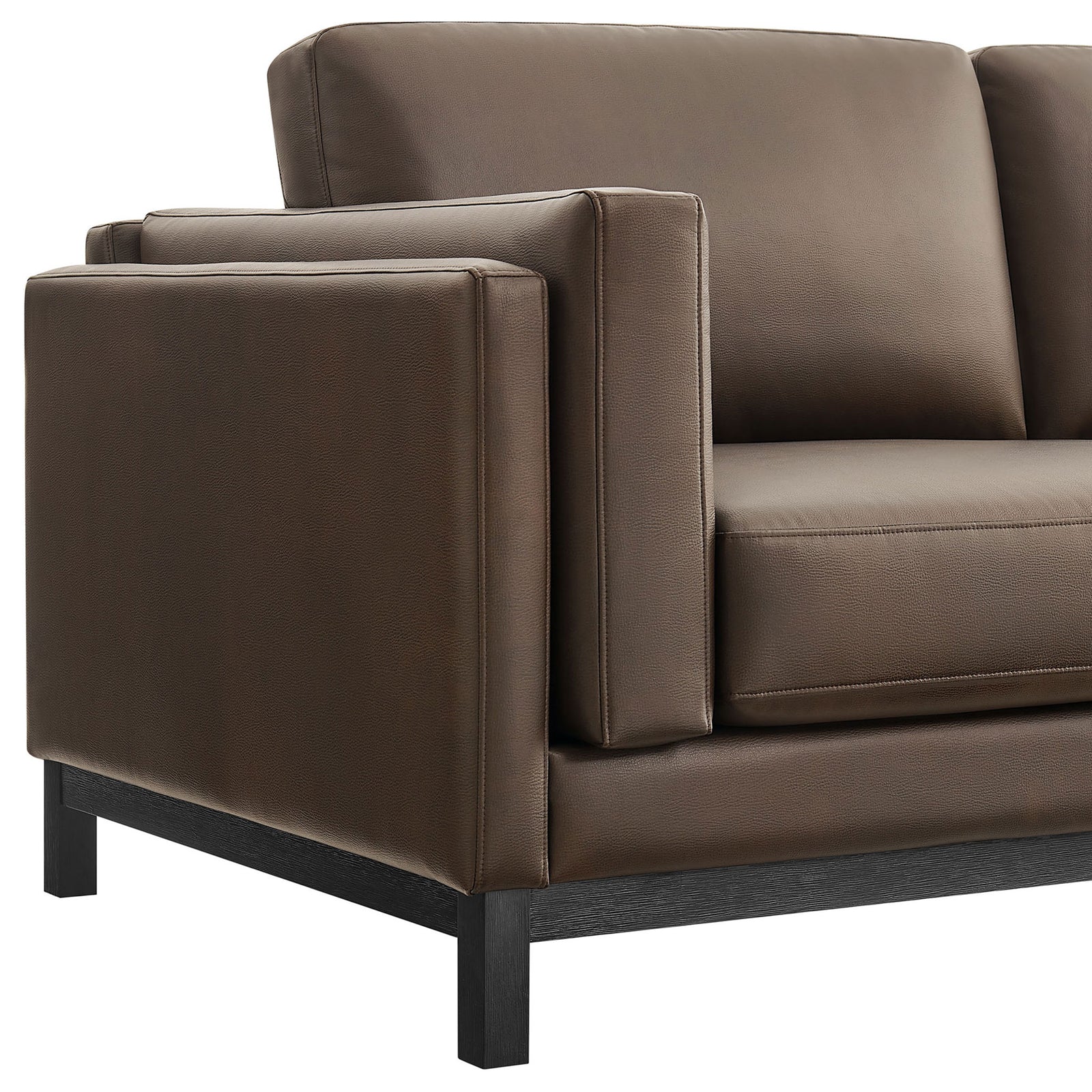 Loveseat corner showcasing the boxy arm, plush seat cushion, and dark wood base || EEI-7336-ESP || detail_studio