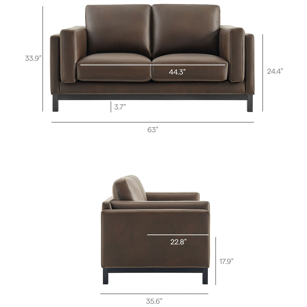 Measurement diagram showing the espresso loveseat height, width, depth, and seat dimensions || EEI-7336-ESP || dimension_studio