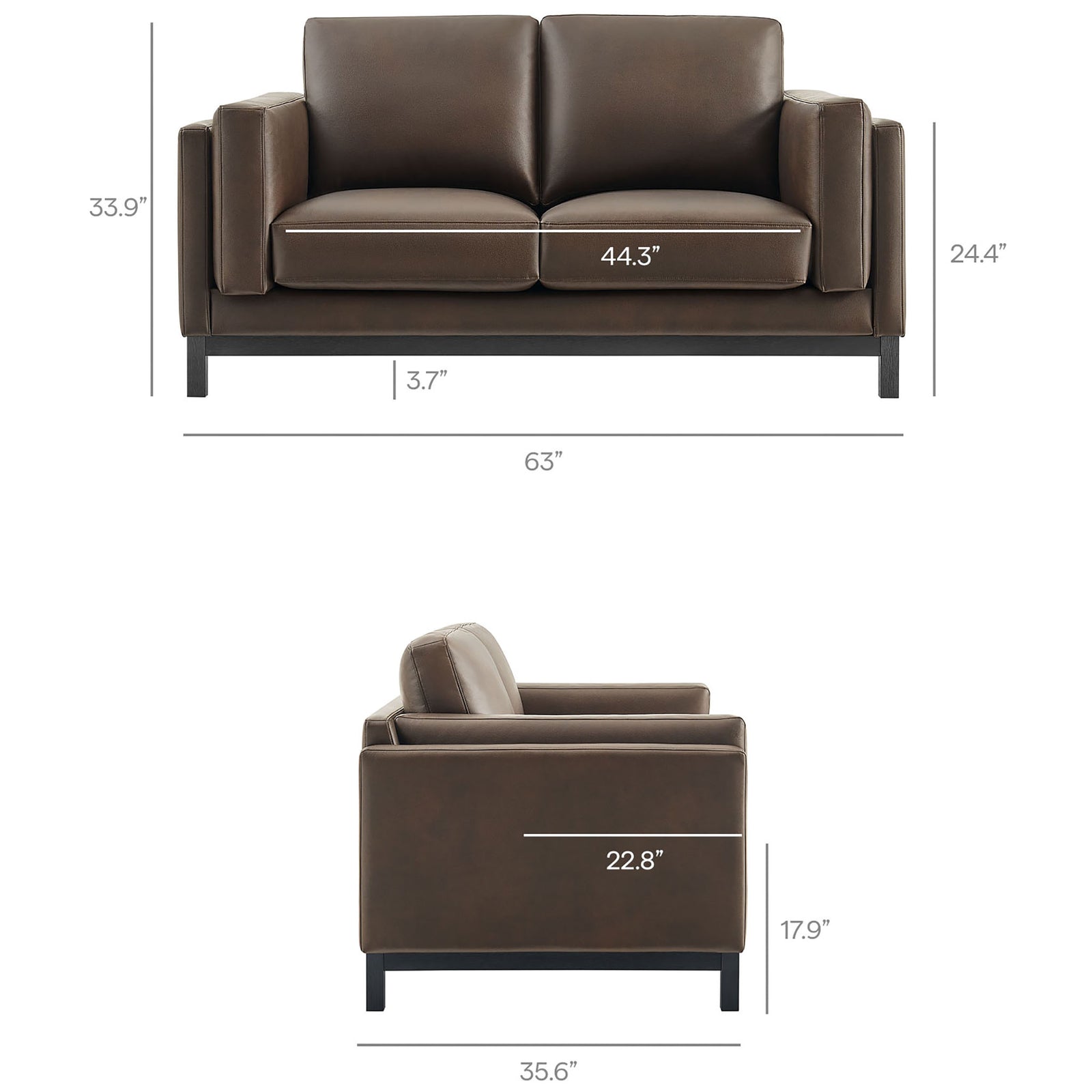 Measurement diagram showing the espresso loveseat height, width, depth, and seat dimensions || EEI-7336-ESP || dimension_studio