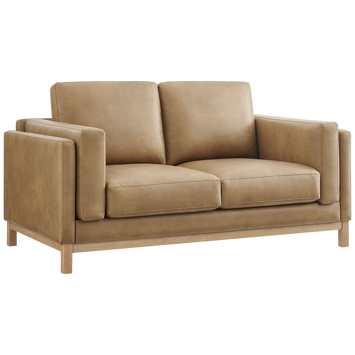 Tailored toast vegan leather loveseat with deep cushions and streamlined wood base frame || EEI-7336-TST || front_angle_studio
