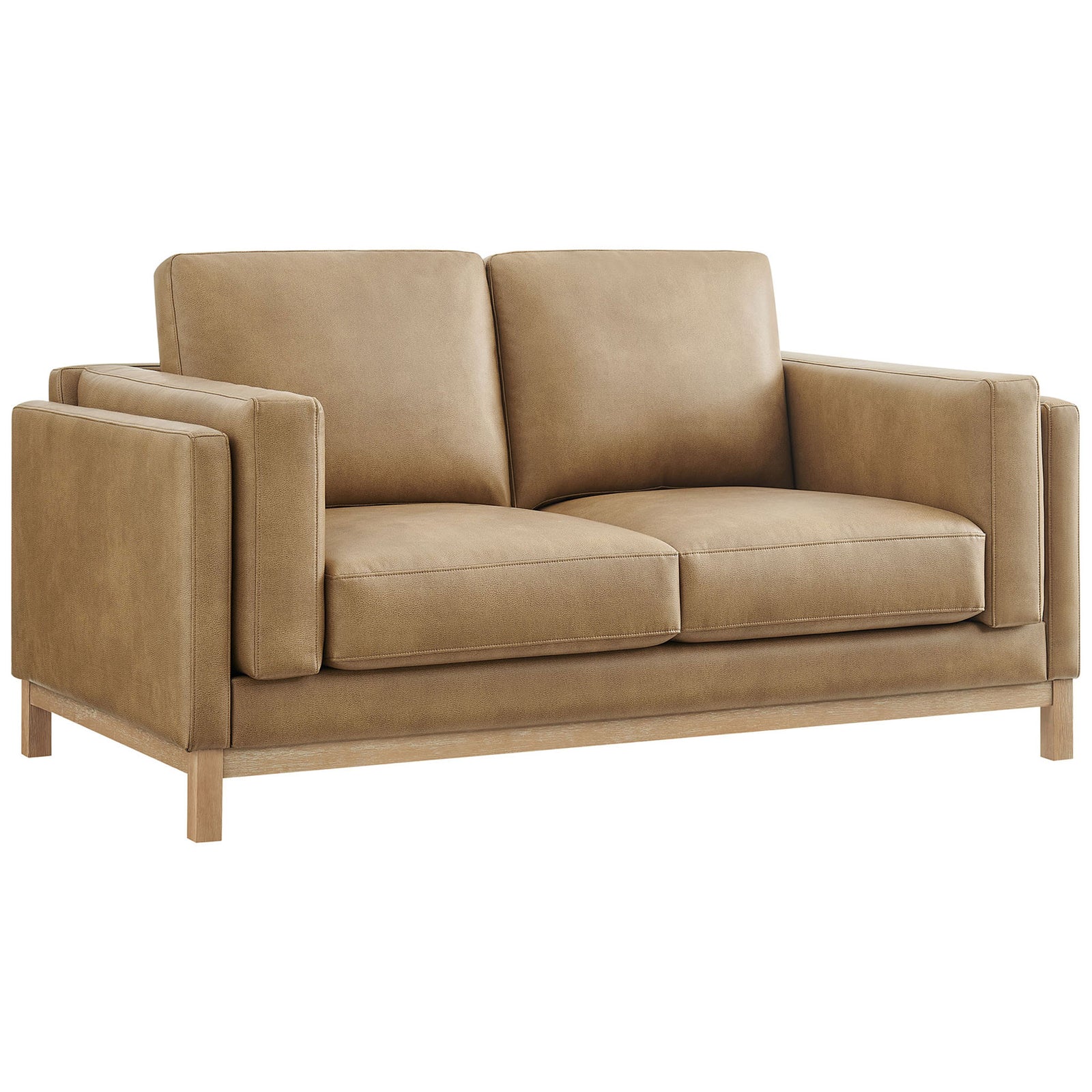 Tailored toast vegan leather loveseat with deep cushions and streamlined wood base frame || EEI-7336-TST || front_angle_studio