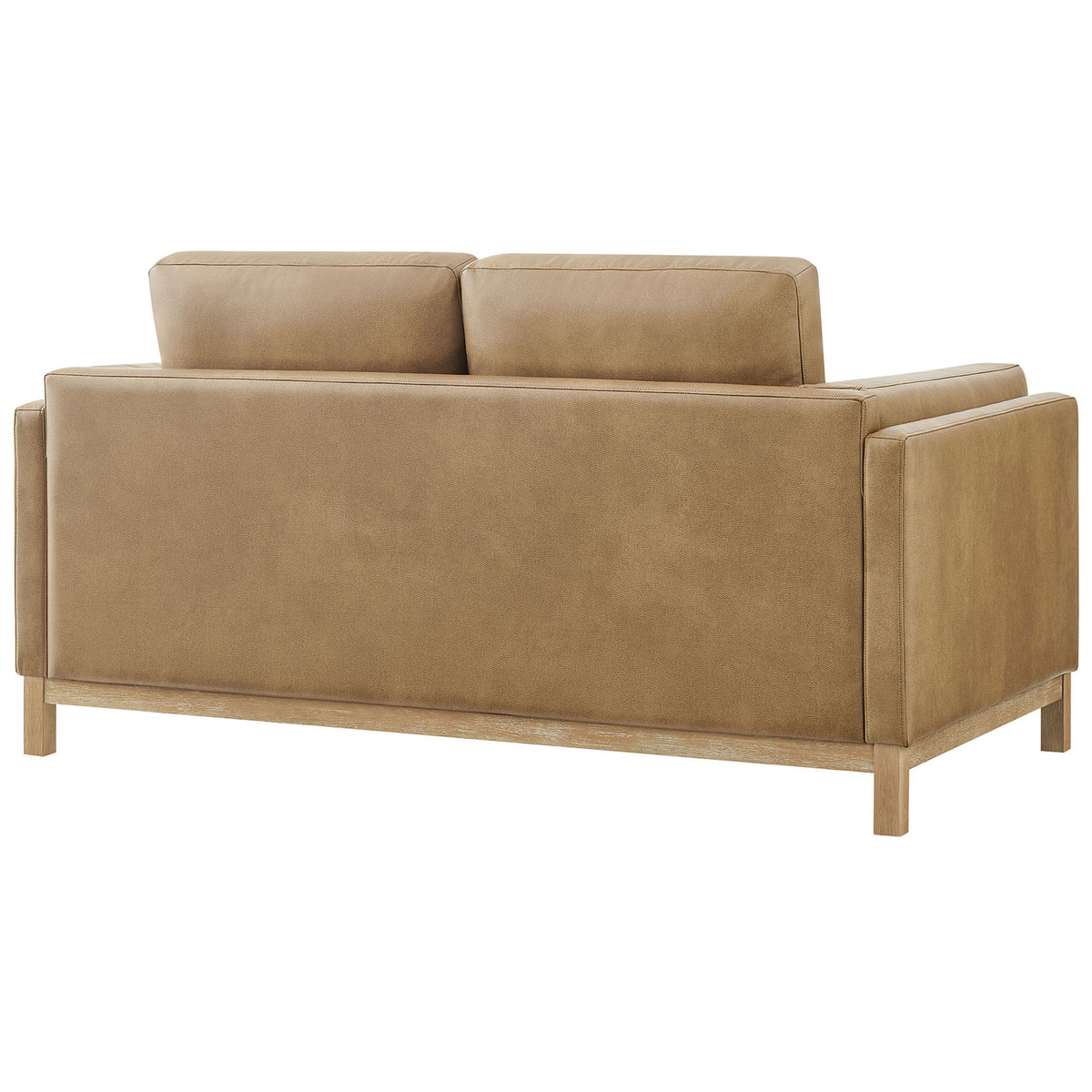 Toast vegan leather loveseat with smooth tailored back, wraparound arms, and warm wood base || EEI-7336-TST || back_angle_studio
